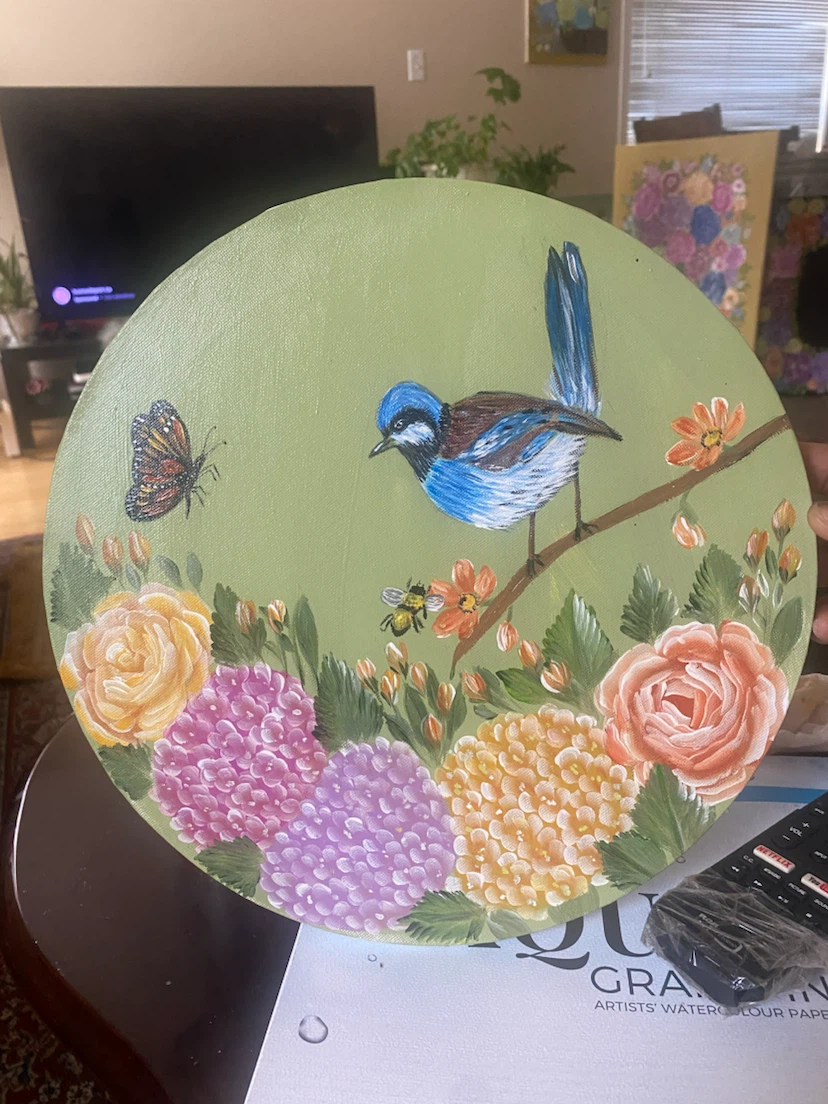 Hand-painted Round Art - Bird and Flowers