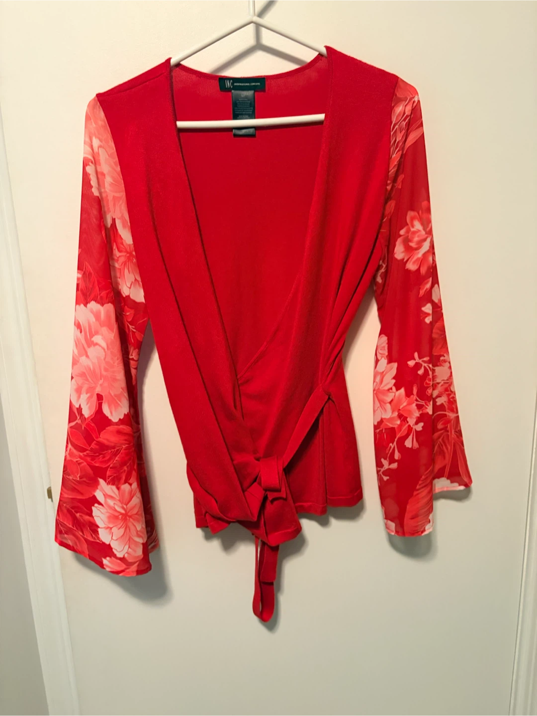 INC International Concepts Red Floral Wrap Top