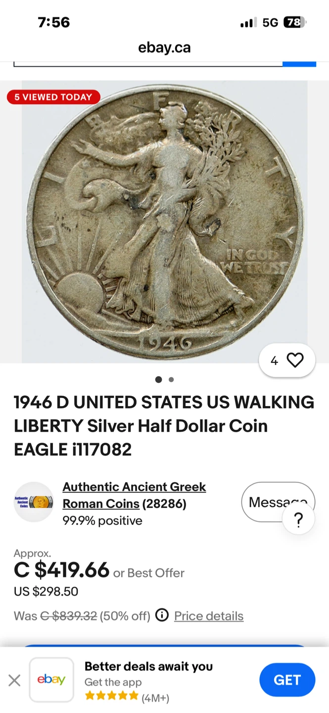 USA 🇺🇸 1946 D  Walking Liberty Silver Half Dollar Coin - photo 3