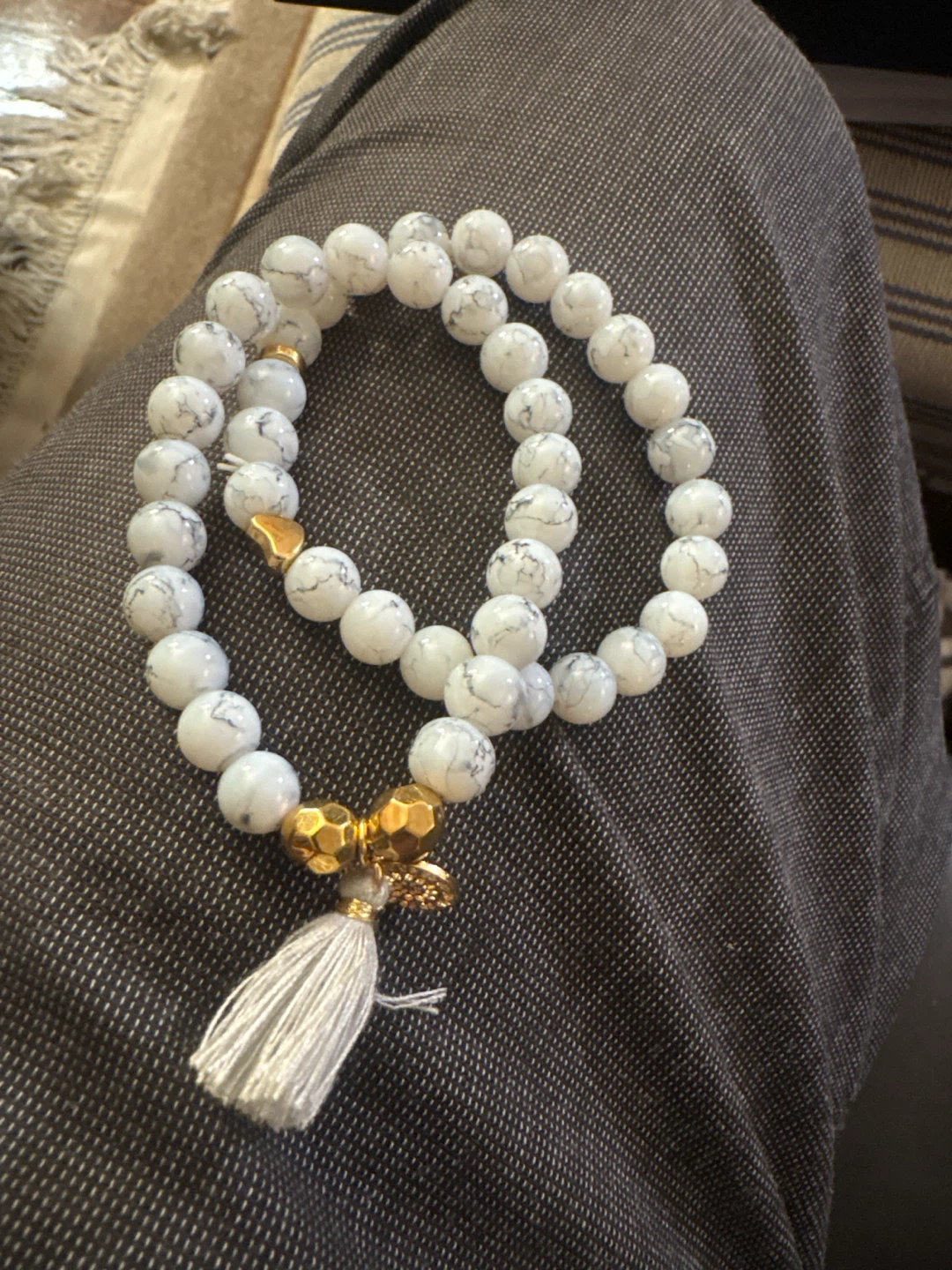 White Stone Beaded Bracelets with Tassel