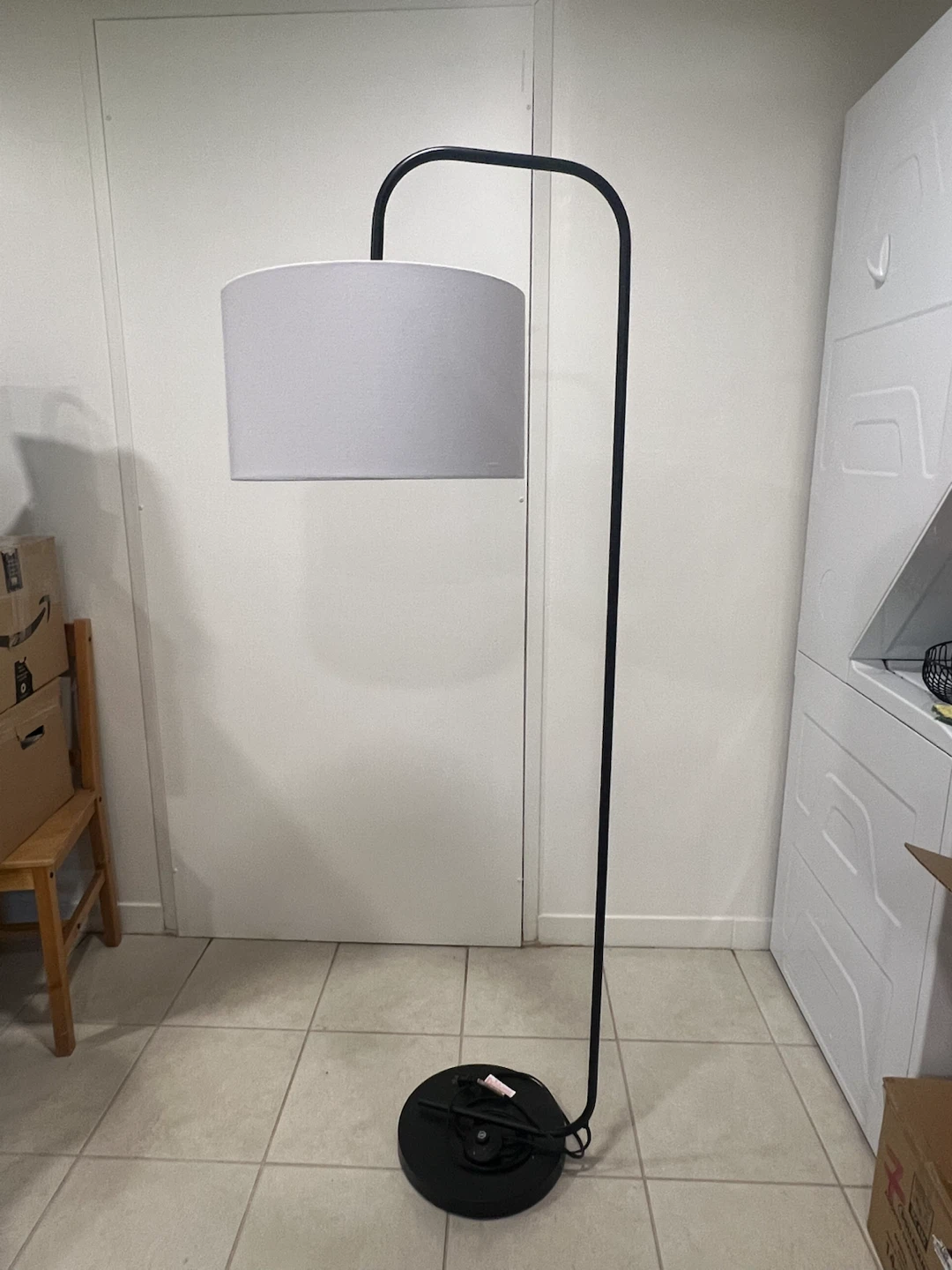 Black Arc Floor Lamp with White Drum Shade