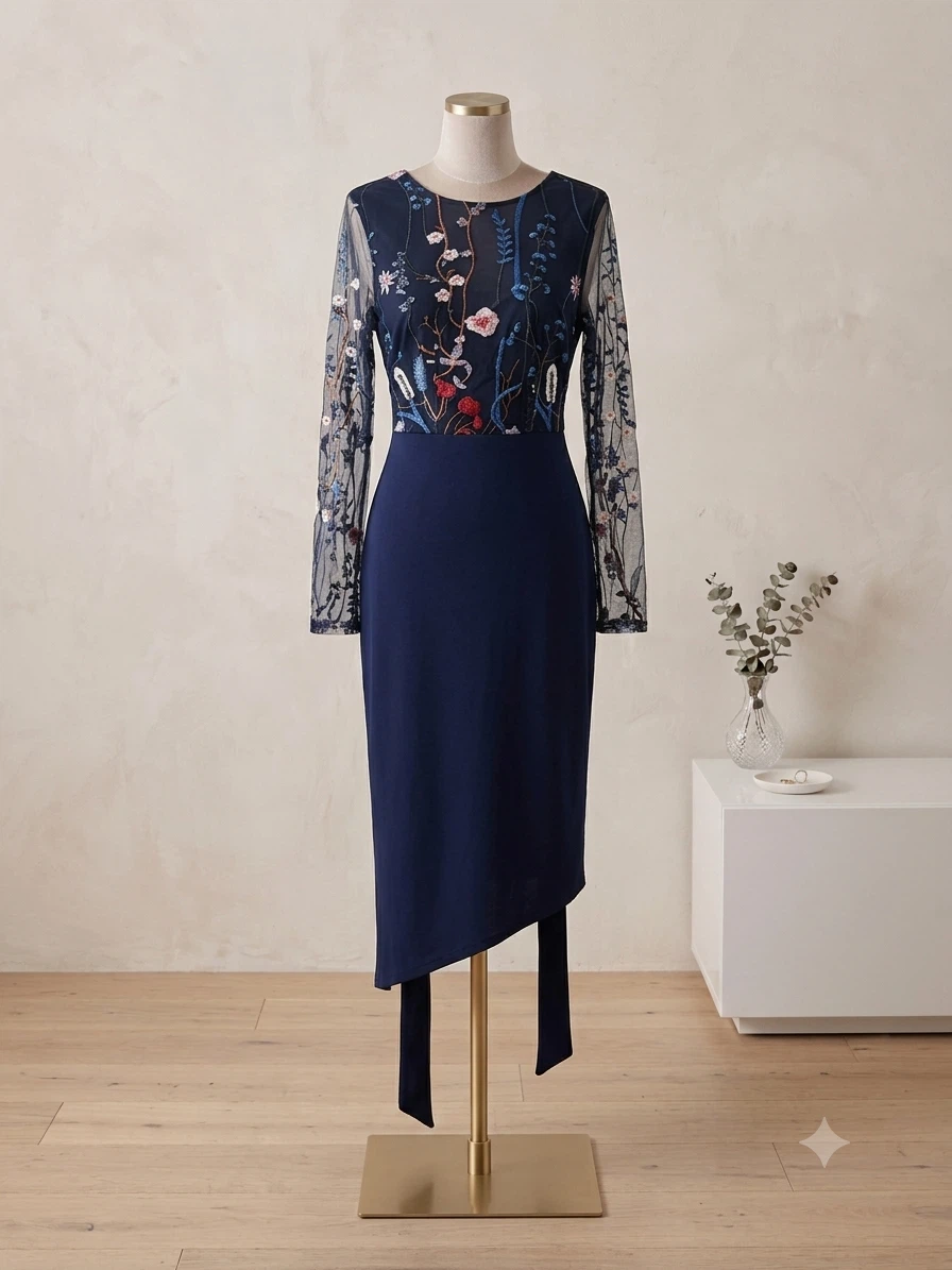 Navy Blue Embroidered Sheer Sleeve Dress - photo 2