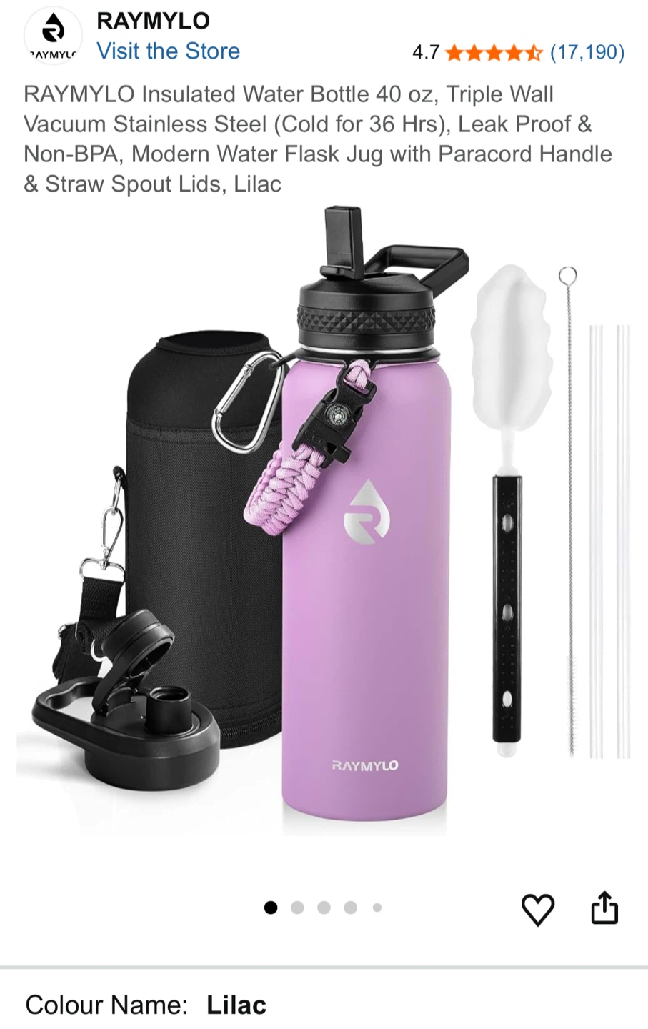RAYMYLO Insulated Water Bottle 40 oz - Lilac