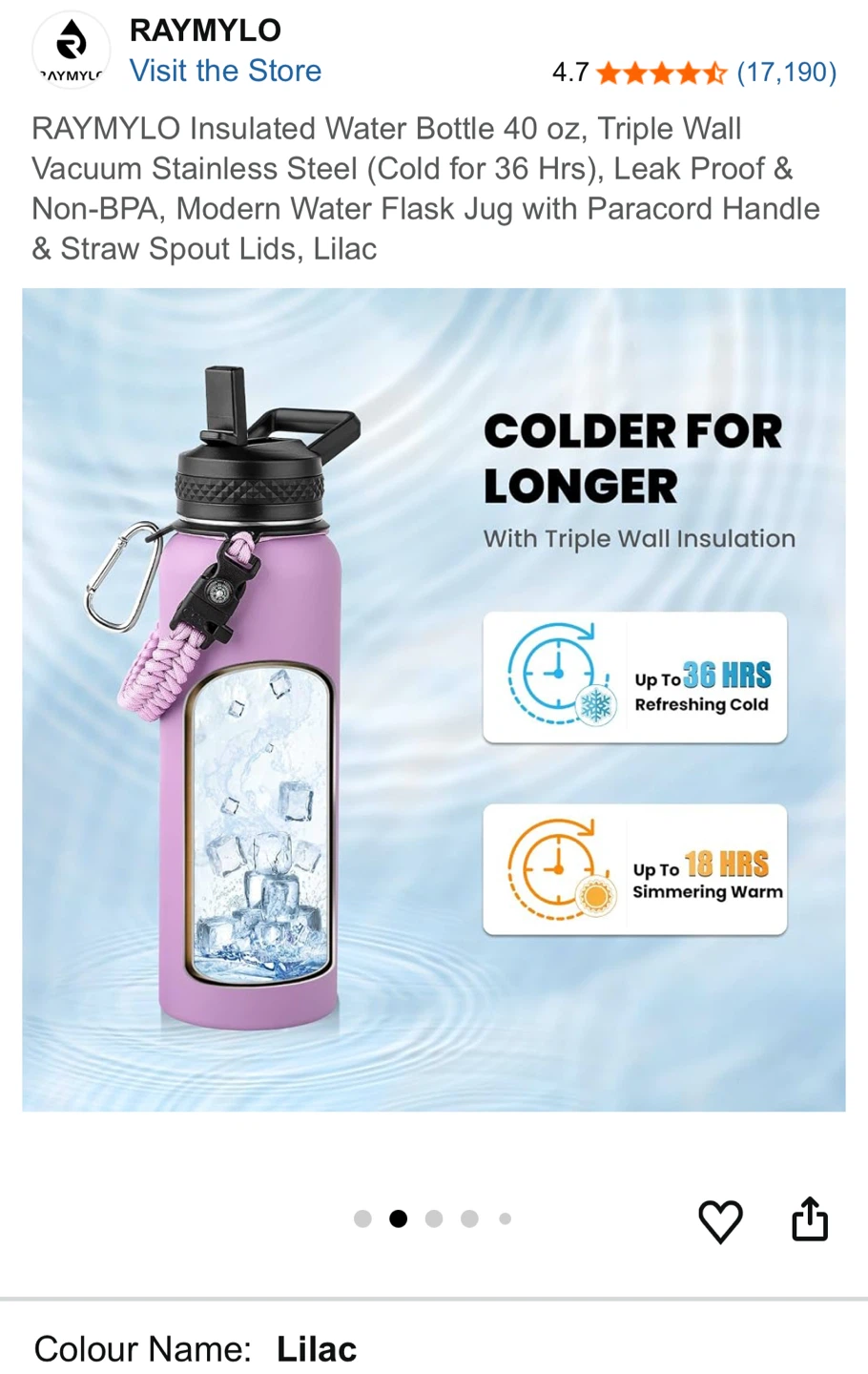 RAYMYLO Insulated Water Bottle 40 oz - Lilac - photo 2