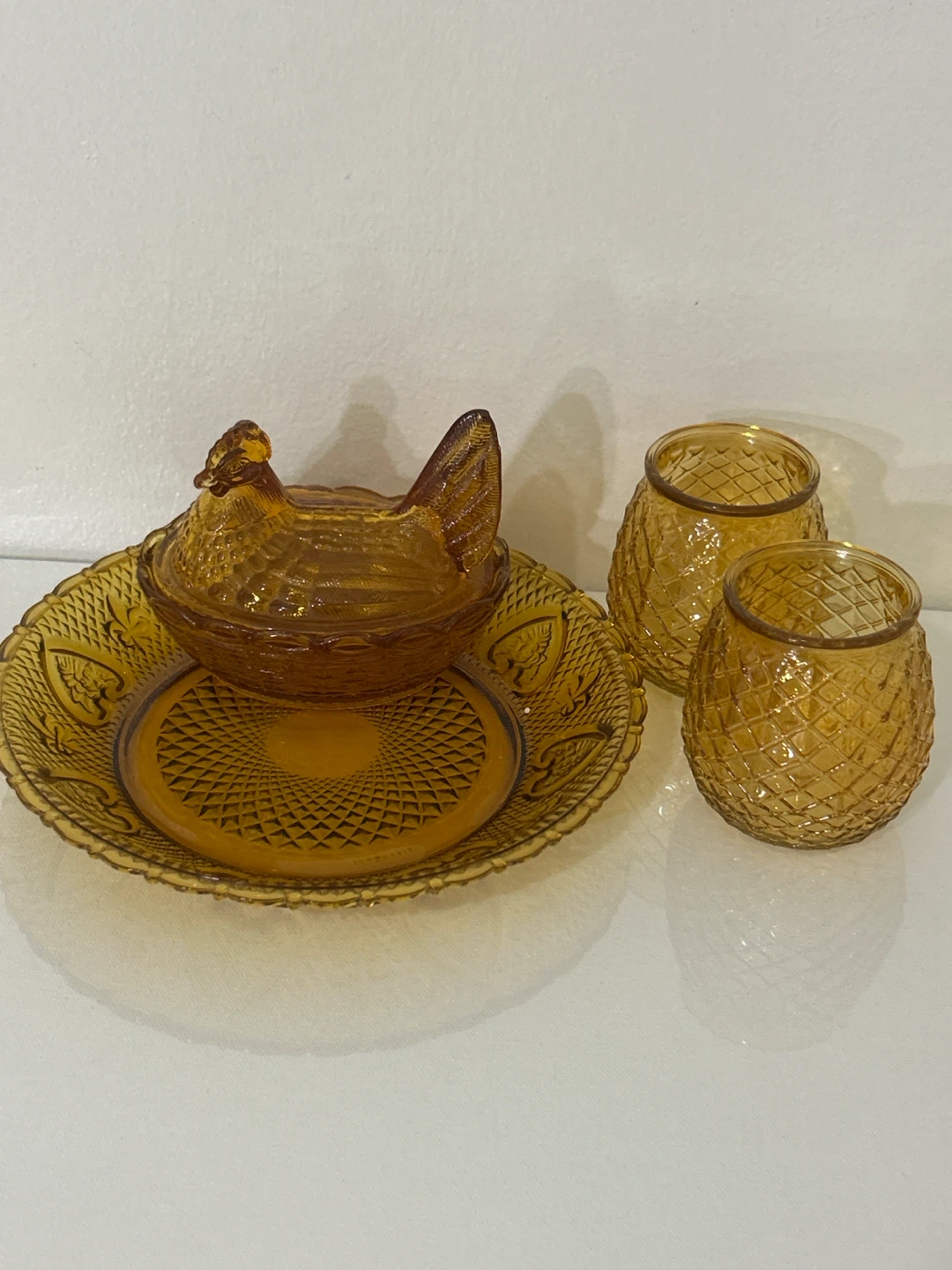 Amber glass chicken candy dish with 2 votives