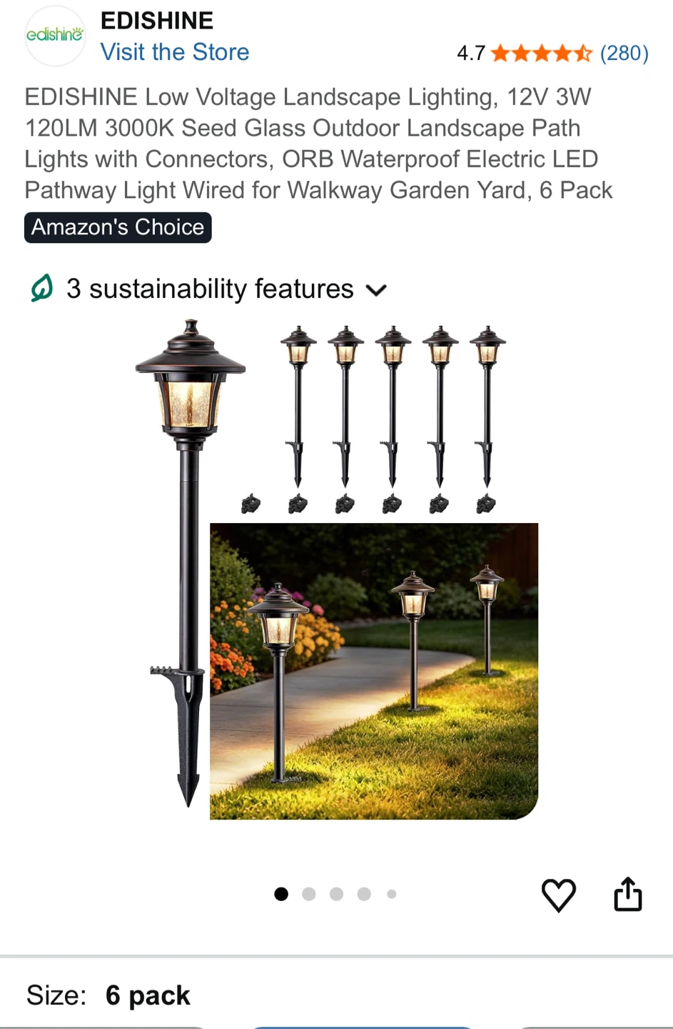 EDISHINE Low Voltage Landscape Path Lights - 6 Pack