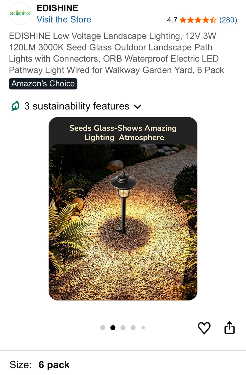 EDISHINE Low Voltage Landscape Path Lights - 6 Pack - photo 2