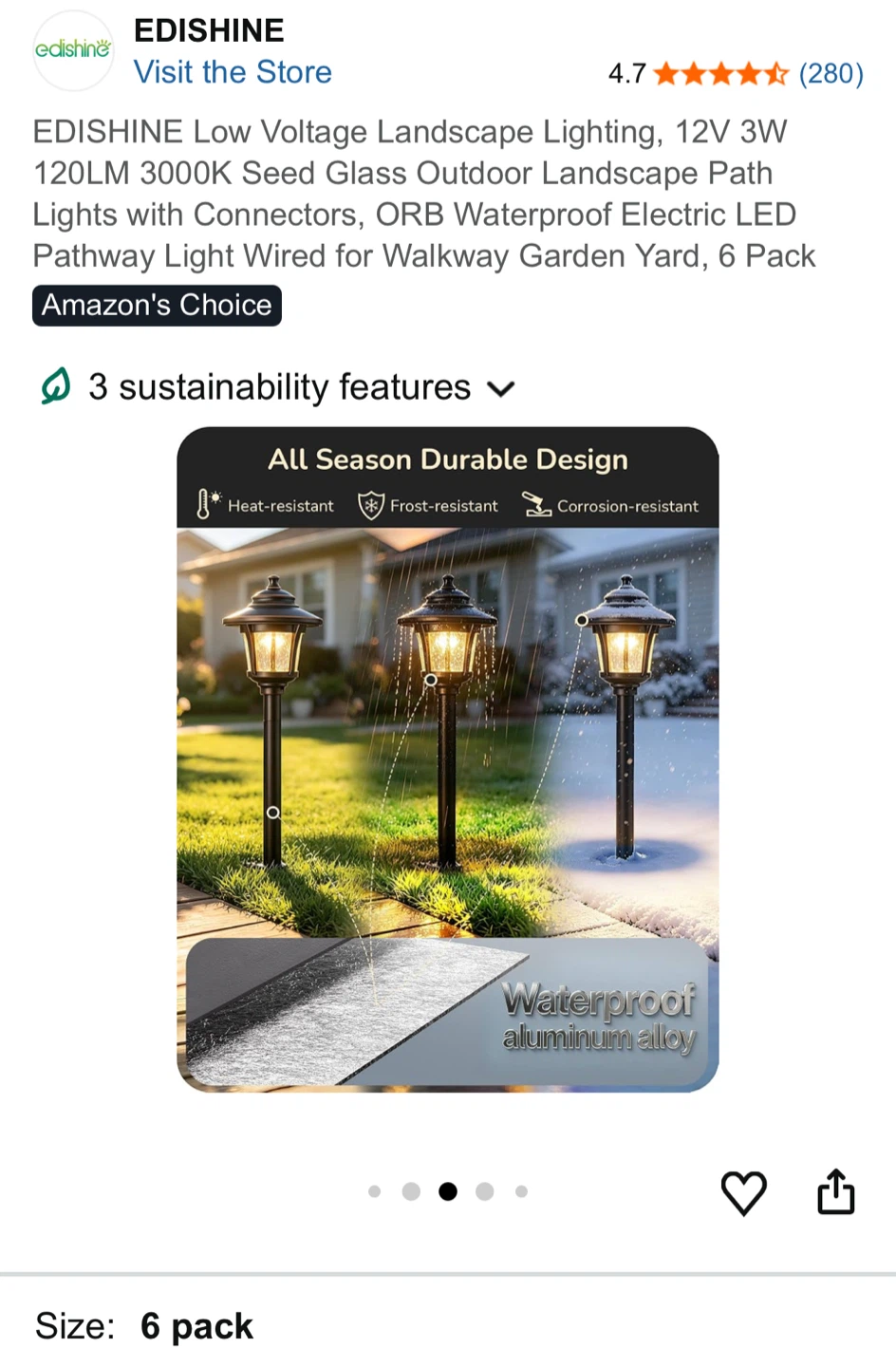 EDISHINE Low Voltage Landscape Path Lights - 6 Pack - photo 3