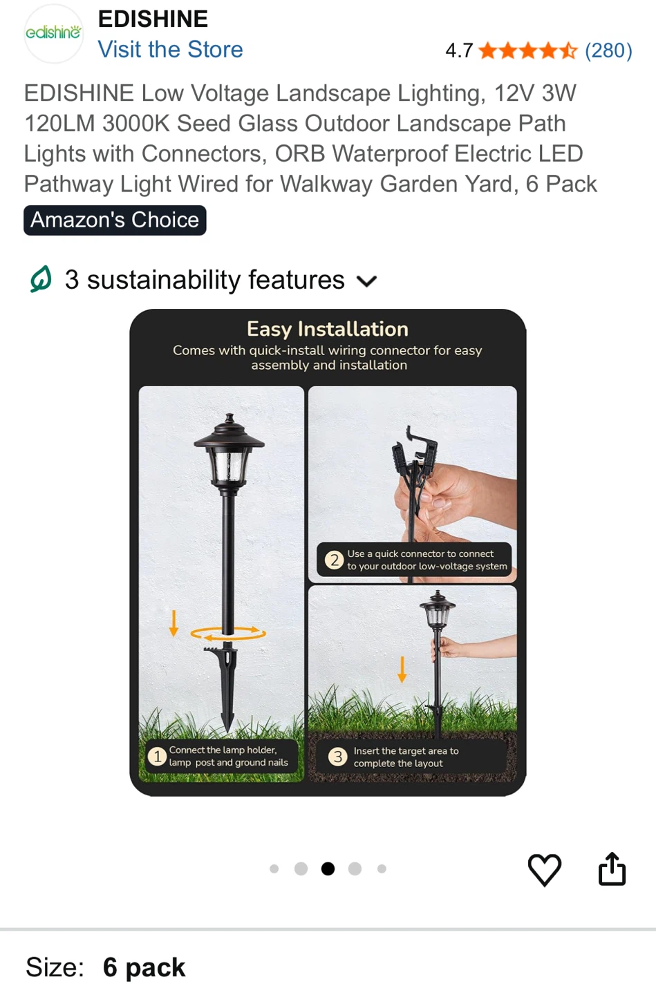 EDISHINE Low Voltage Landscape Path Lights - 6 Pack - photo 5