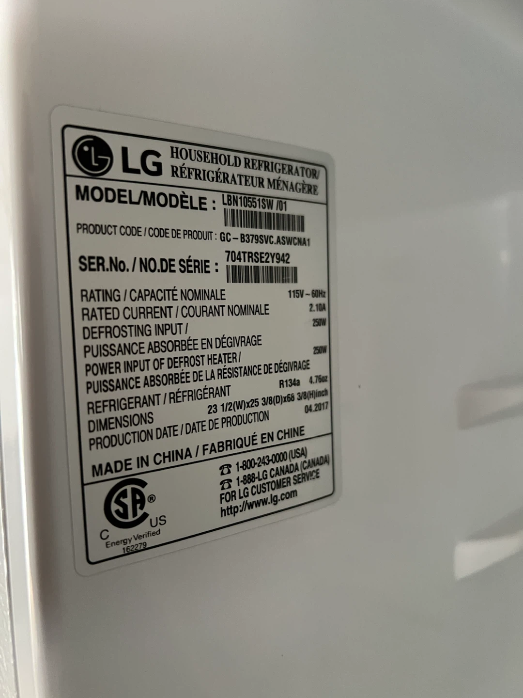 LG Household Refrigerator LBN1055SW - photo 3