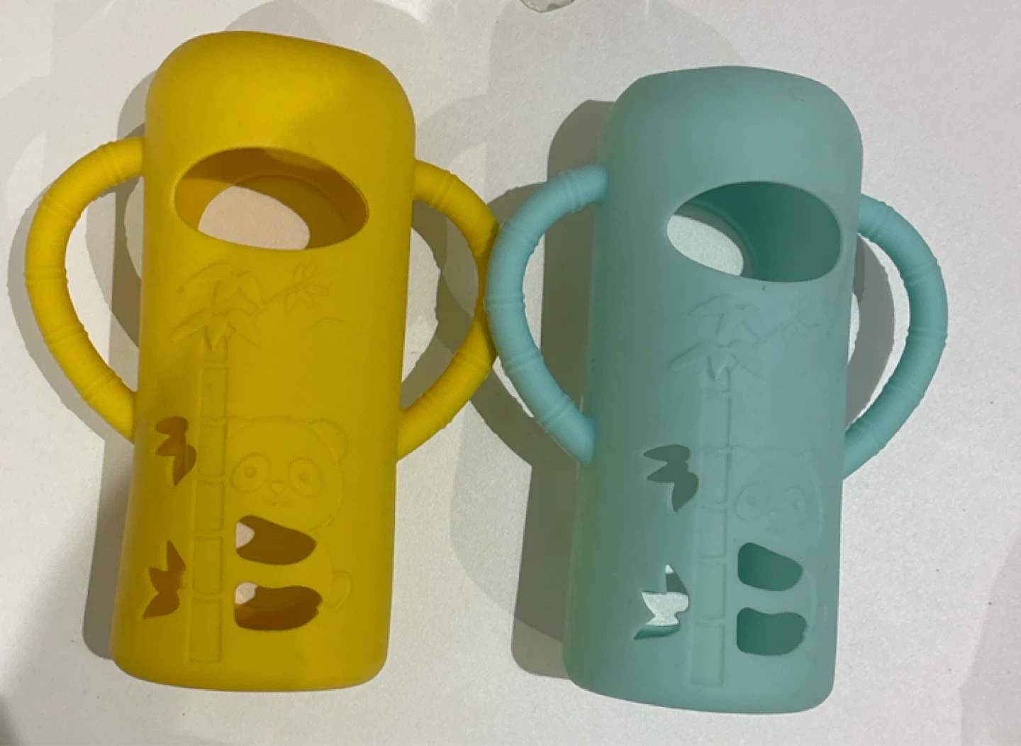 2 Silicone Bottle Sleeves - Yellow & Teal Panda Design