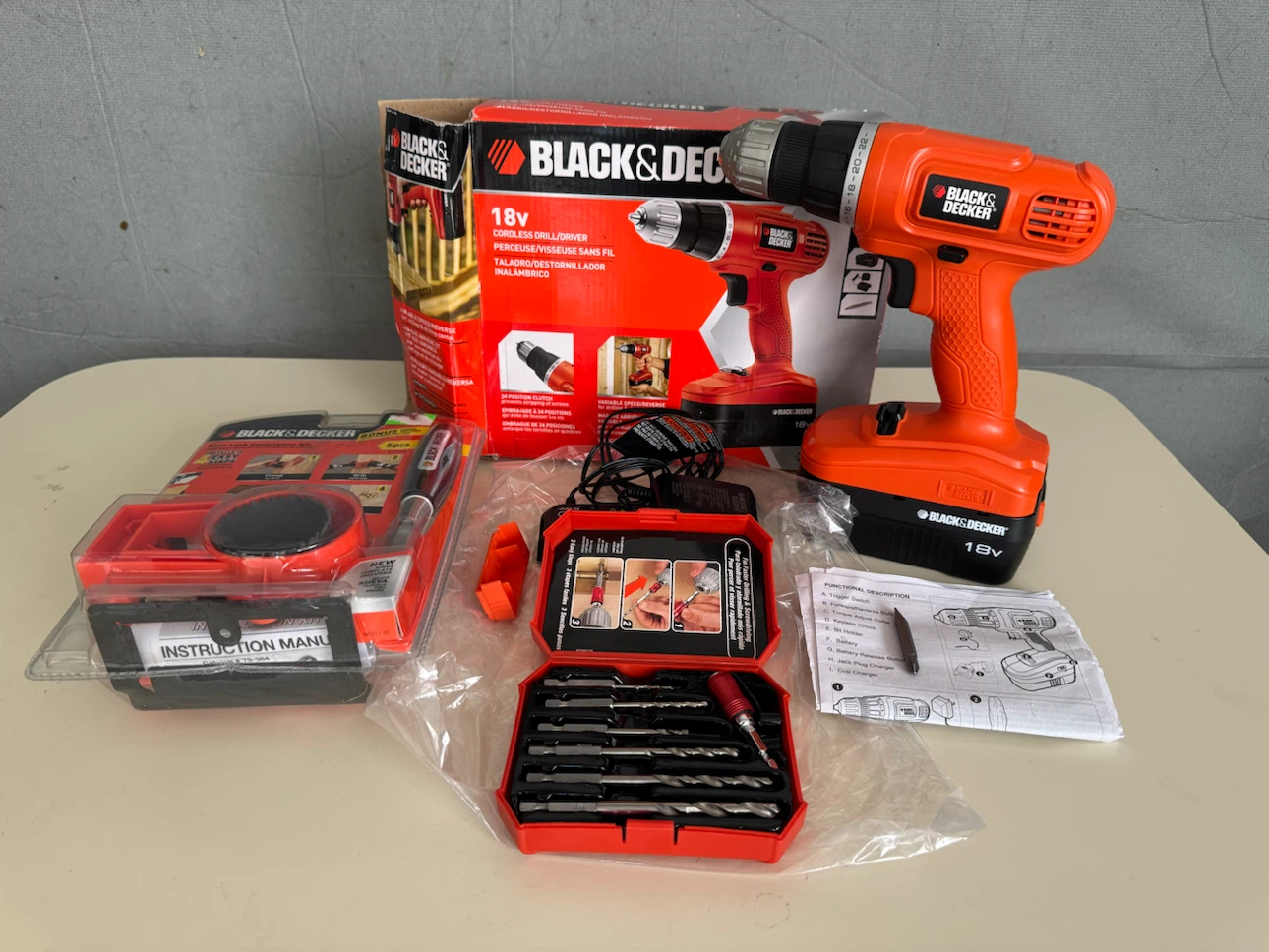 Black & Decker 18V Cordless Drill and Door Lock Installation Kit