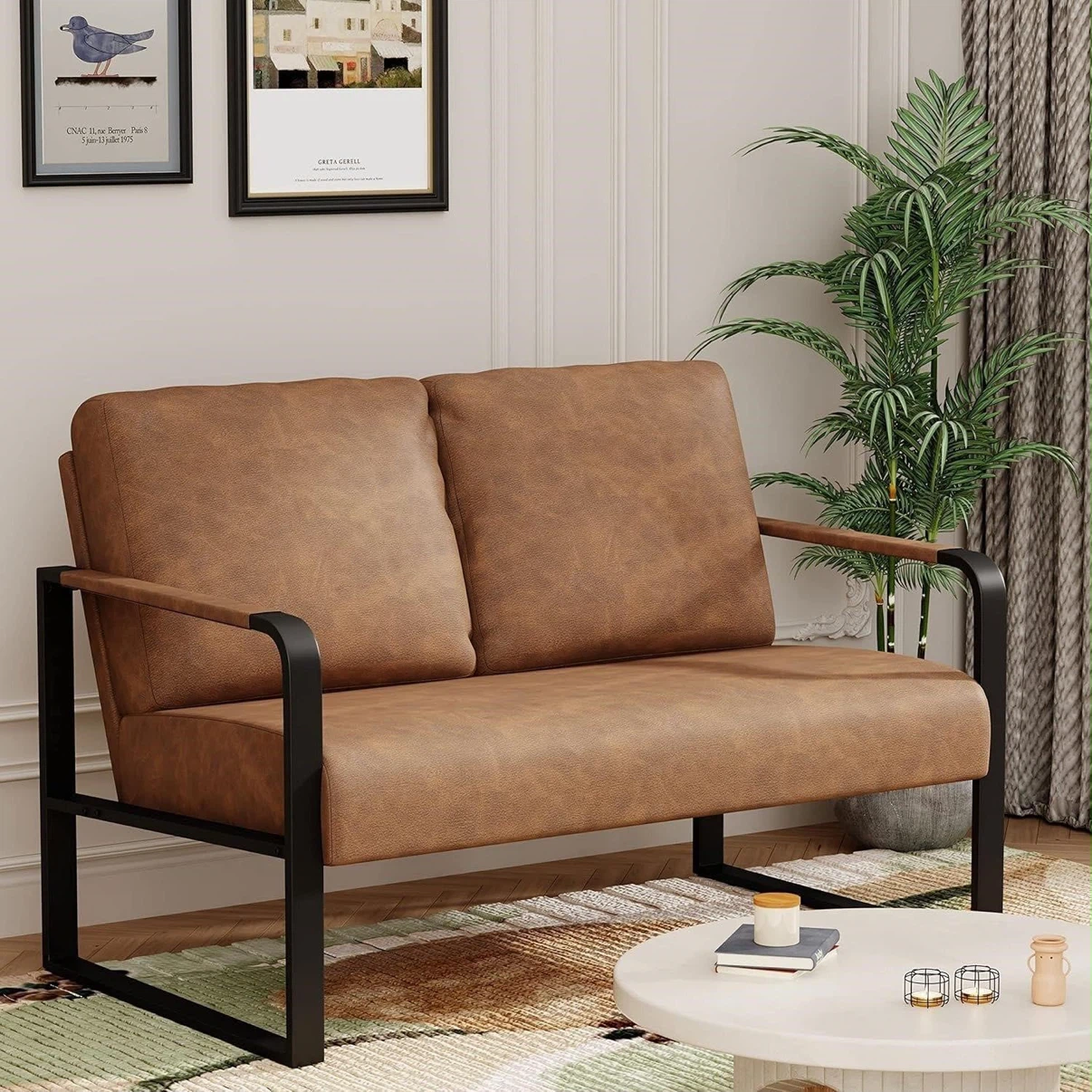 Brown Faux Leather Loveseat with Black Metal Frame