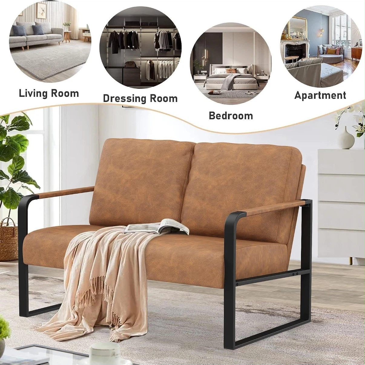 Brown Faux Leather Loveseat with Black Metal Frame - photo 2