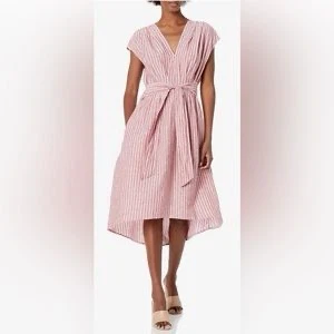 Brand new max london Pink Striped V-Neck Midi Dress with Belt - photo 3