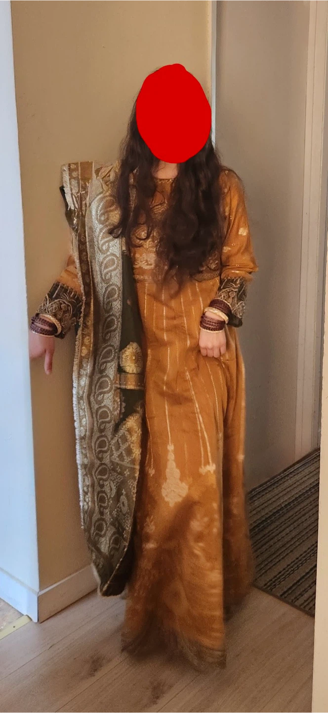 Woman's Mustard Yellow Kameez Shalwar with Scarf - photo 2