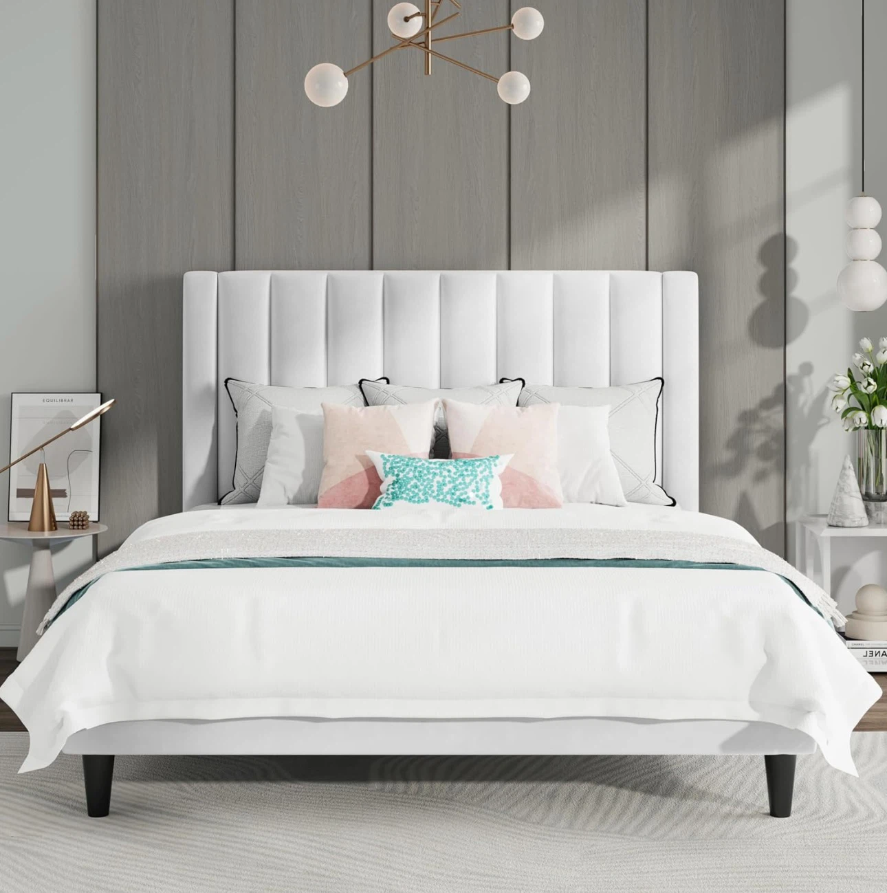 White Velvet Upholstered Full Size Bed Frame