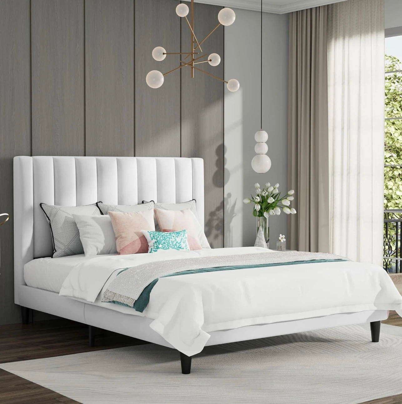 White Velvet Upholstered Full Size Bed Frame - photo 3