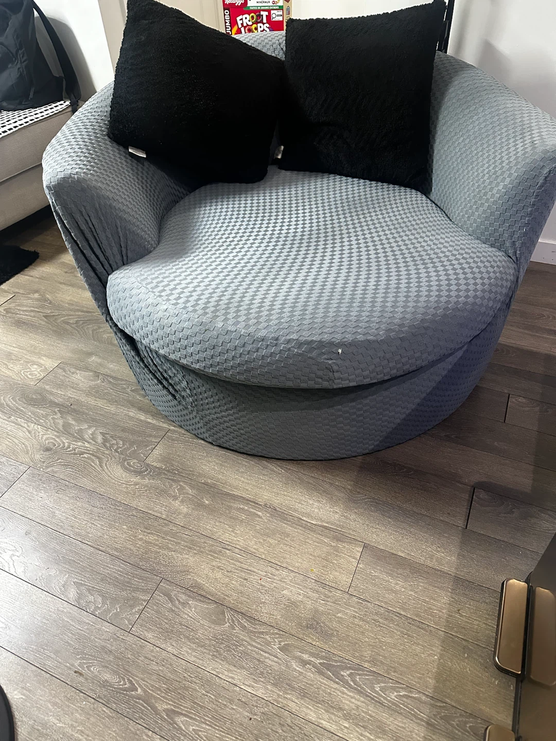 Swivel Accent Chair with 2 Black Throw Pillows