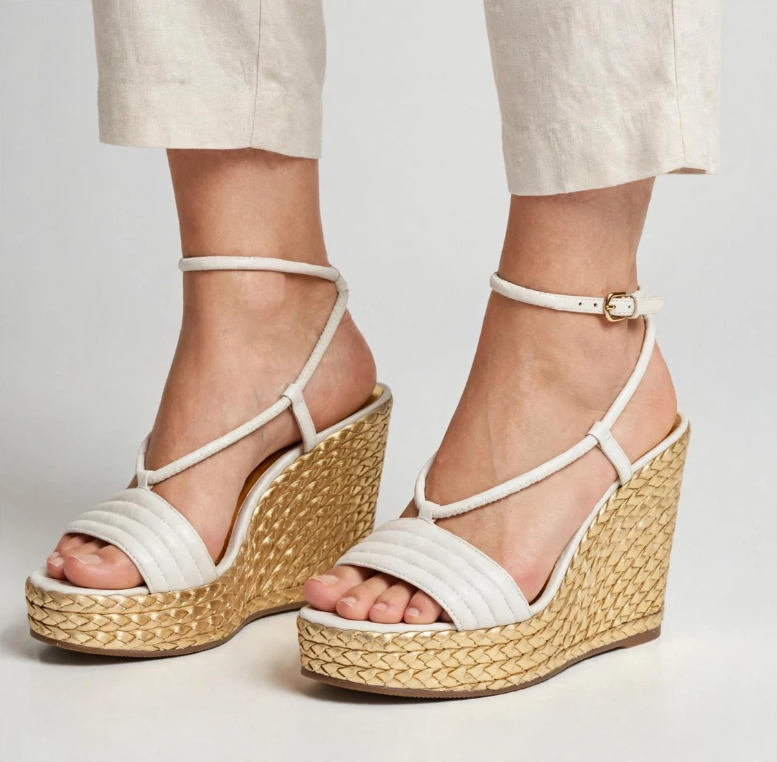 Coach White & Gold Wedge Sandals