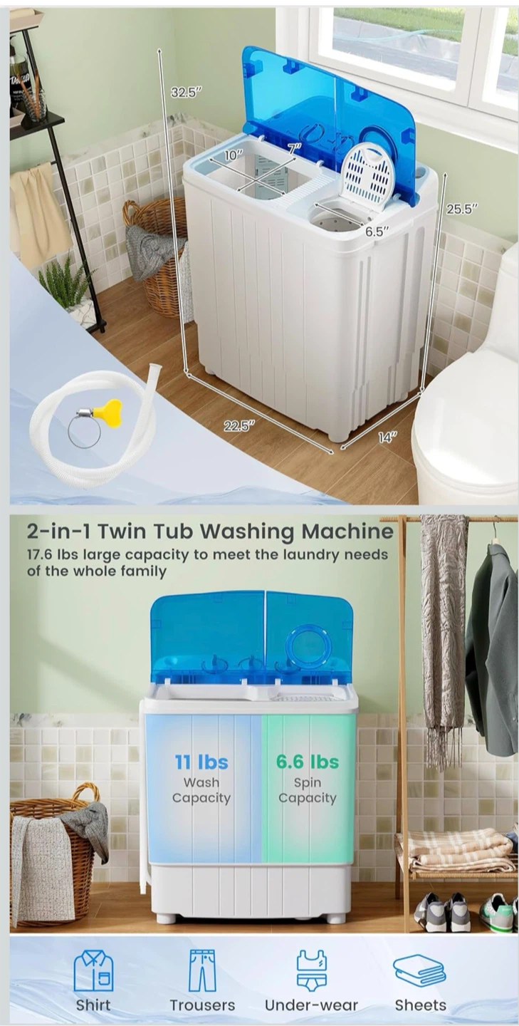 Portable Twin Tub Washing Machine - 17.6 lbs Capacity - photo 3