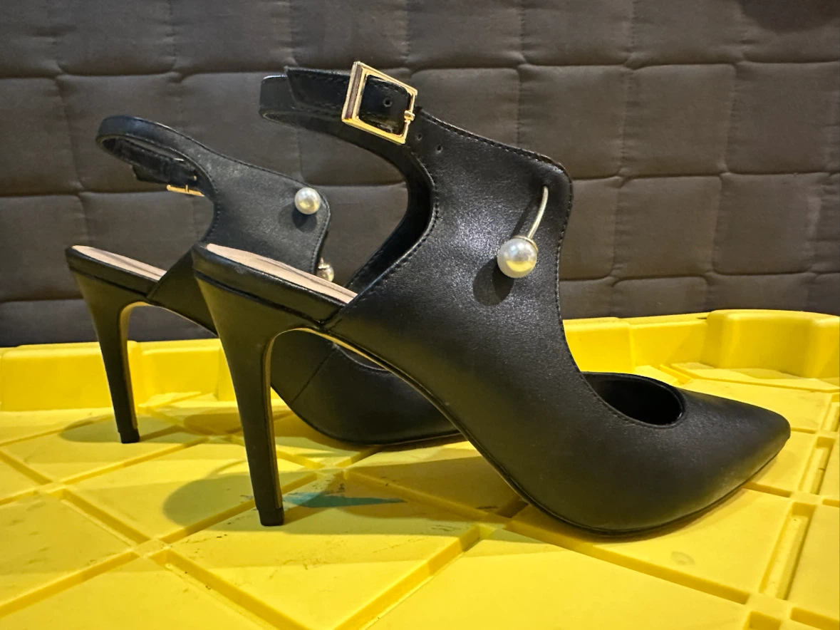 Expression Black Faux Leather Heels with Pearl Accents