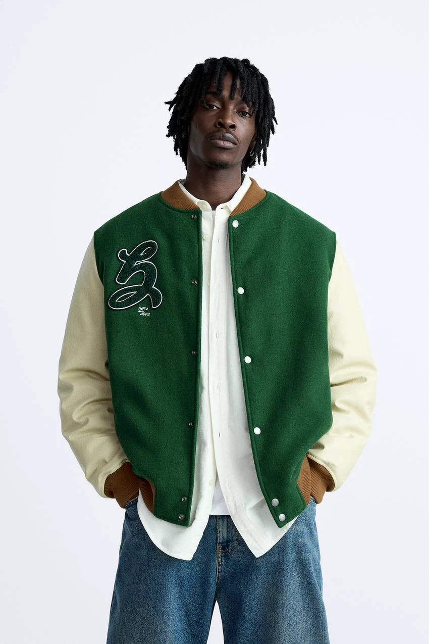 Zara Varsity Jacket Green/Cream