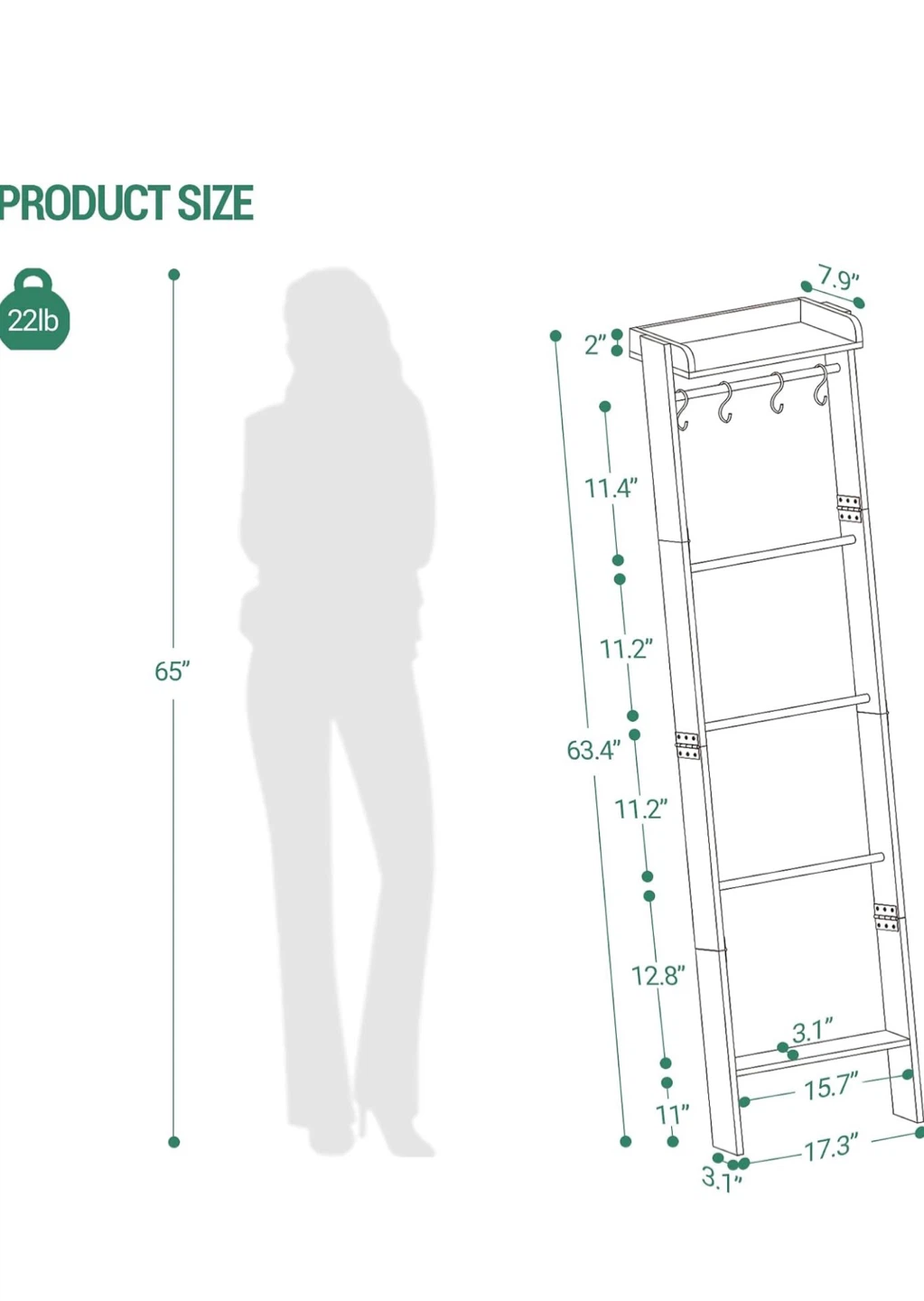 Rustic Ladder Shelf with 4 Hooks and Storage Shelf - photo 4