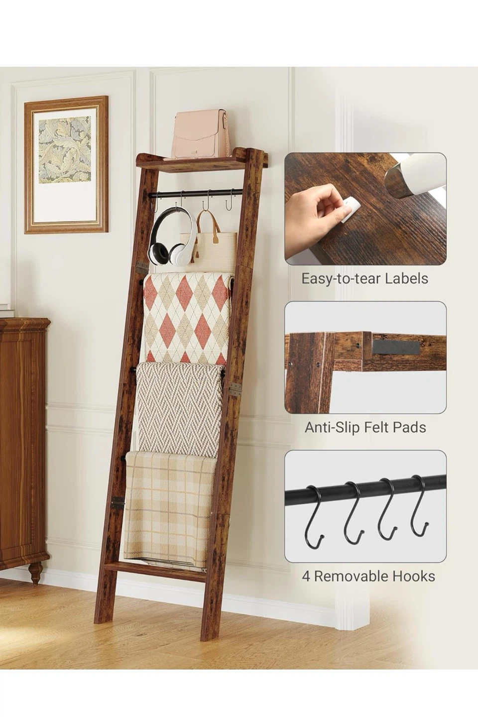 Rustic Ladder Shelf with 4 Hooks and Storage Shelf - photo 5