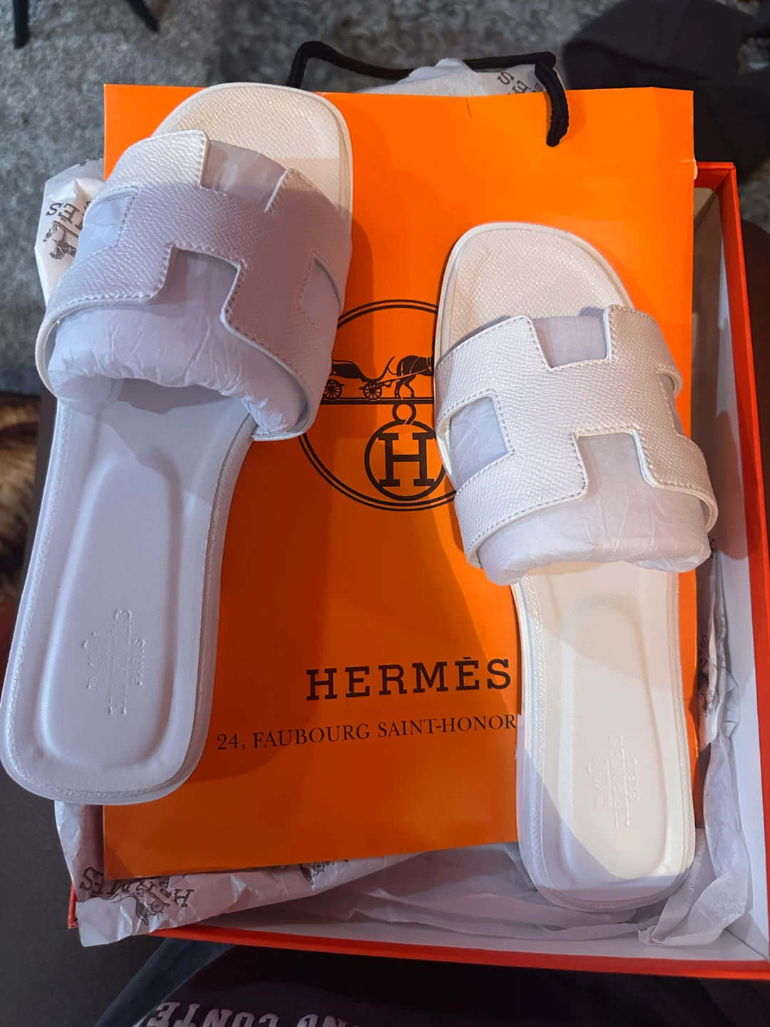 Hermès White Leather H Sandals
