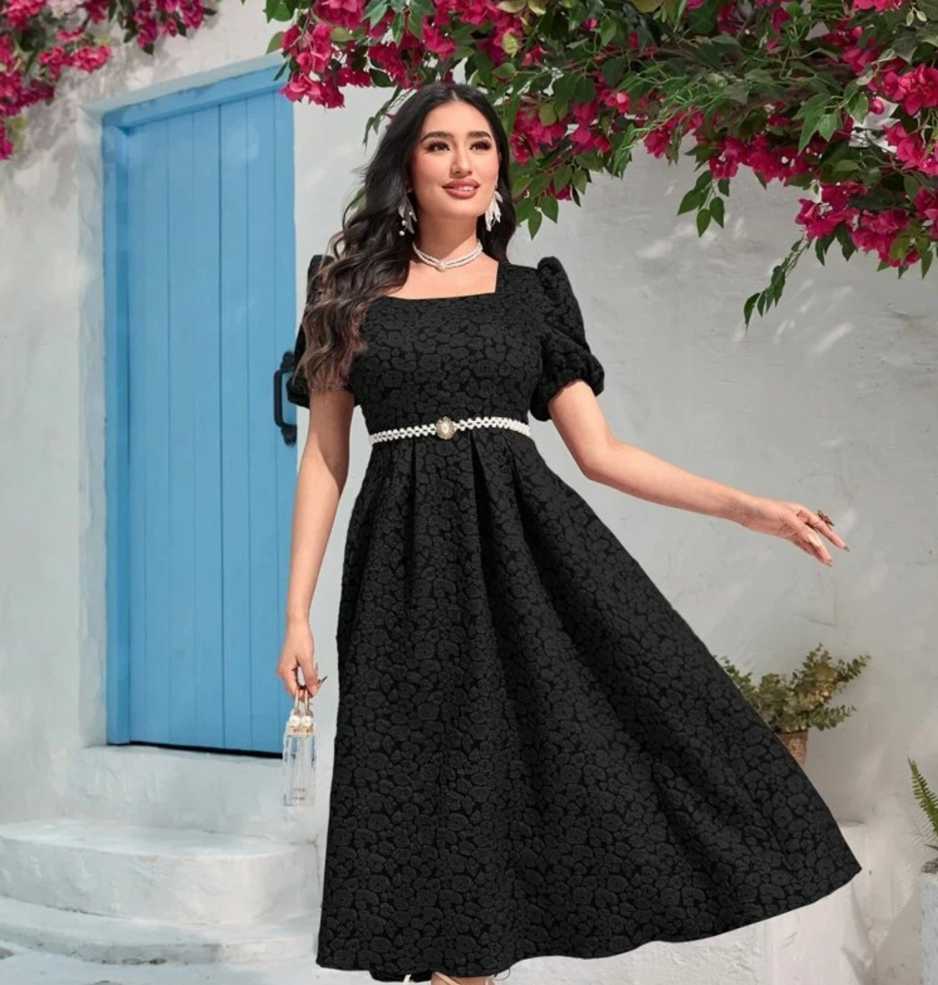 Black Puff Sleeve Textured Dress - photo 2