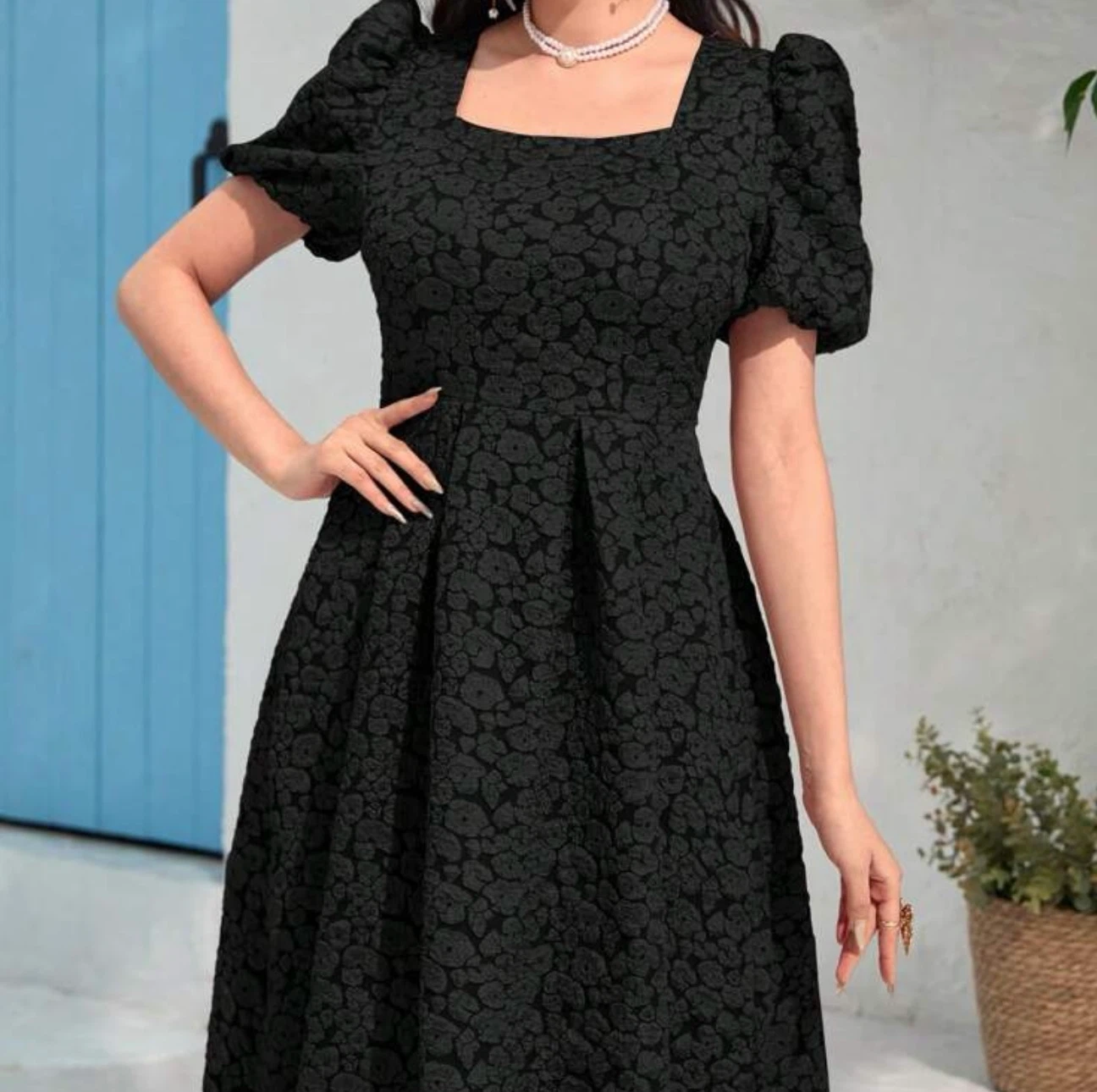 Black Puff Sleeve Textured Dress - photo 4