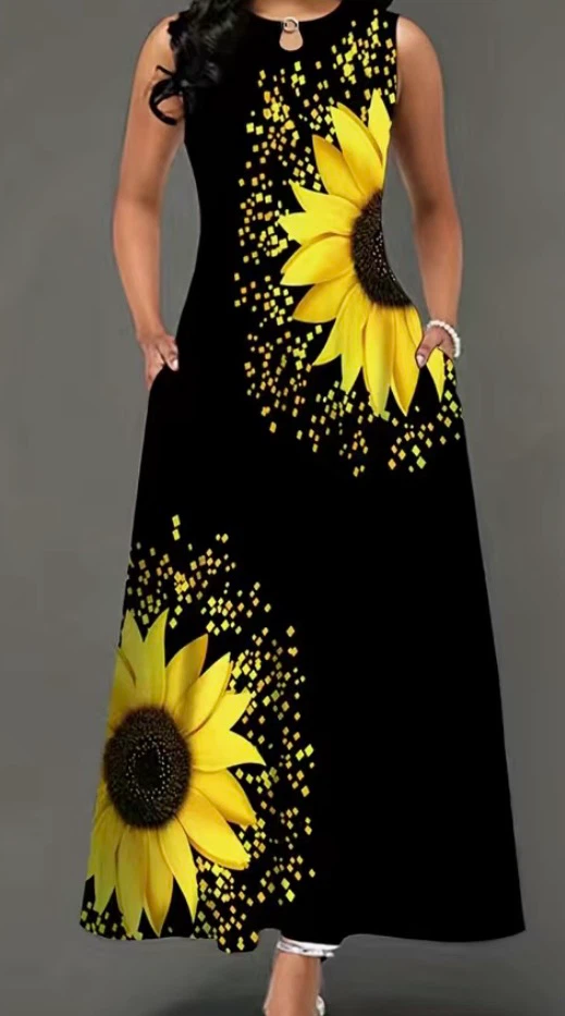 Black Sunflower Print Maxi Dress