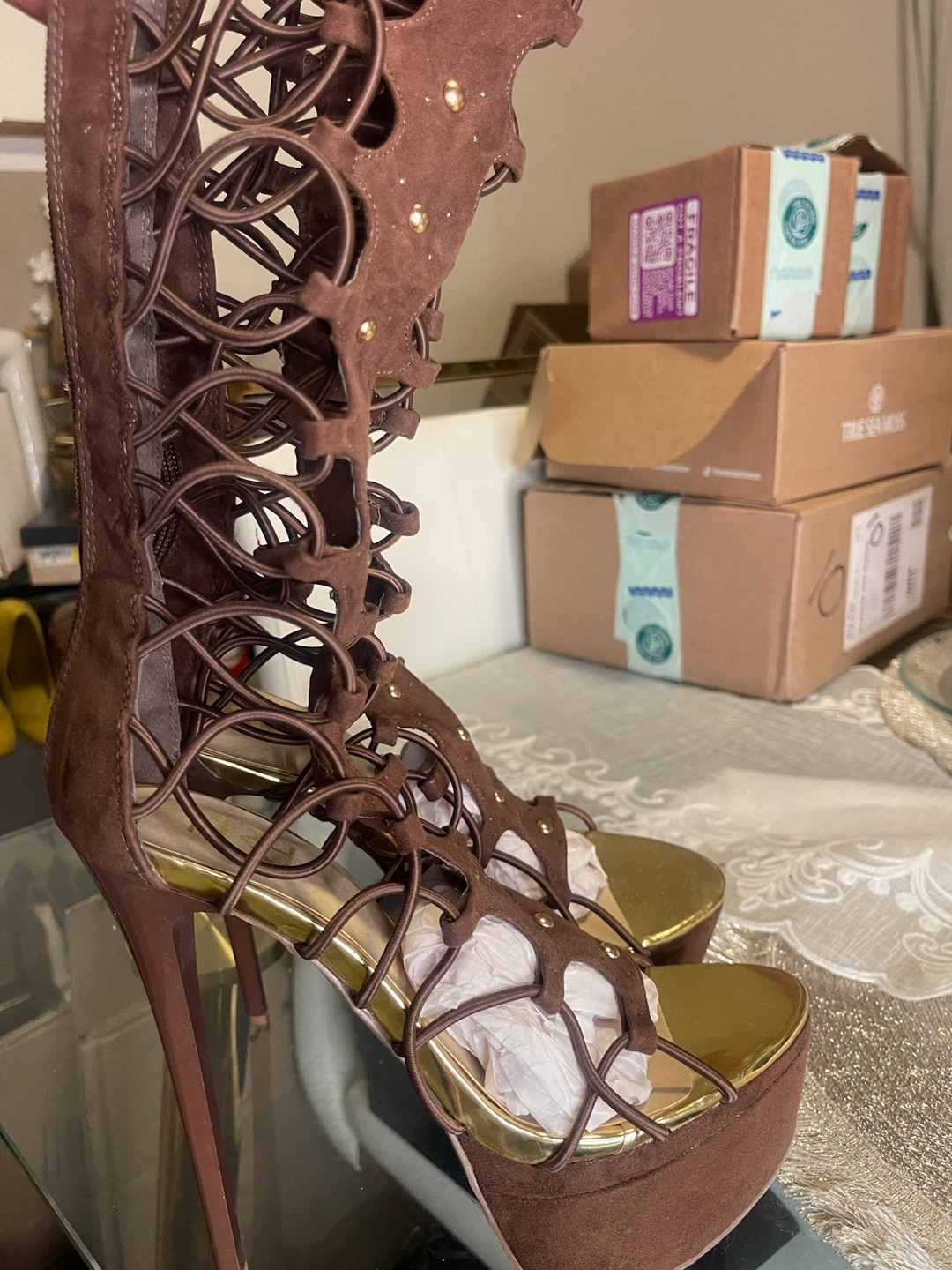 Brown Lace-Up Platform Heels Size 7
