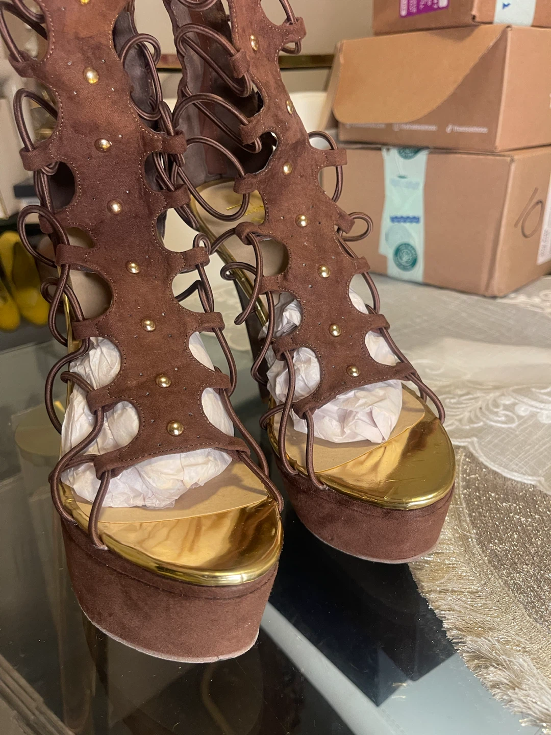 Brown Lace-Up Platform Heels Size 7 - photo 2