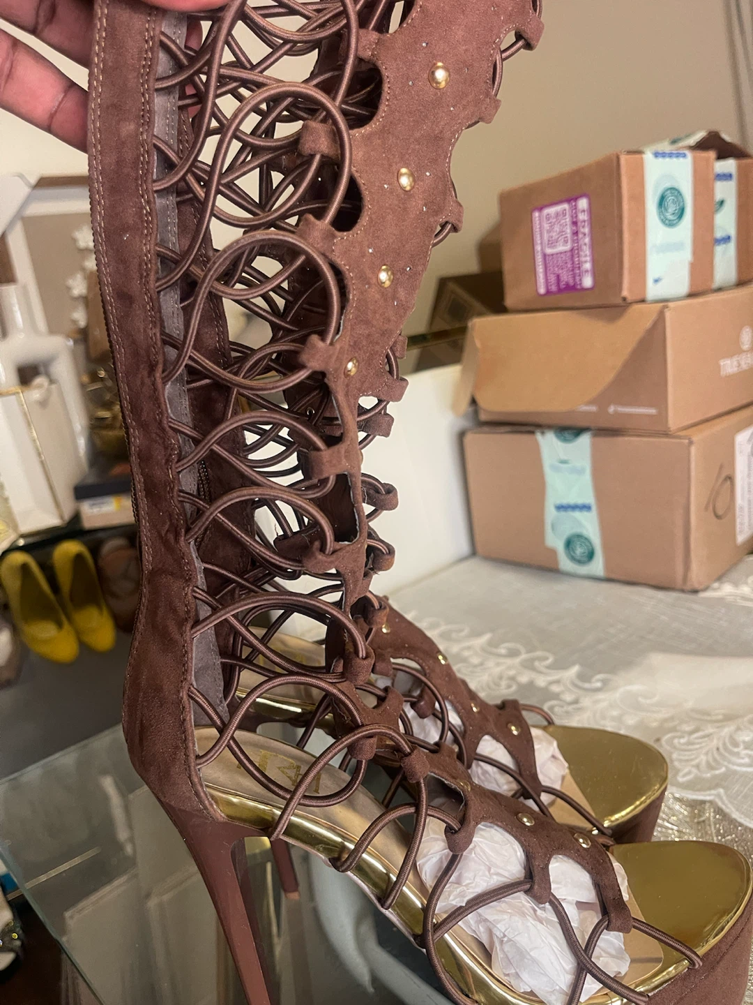 Brown Lace-Up Platform Heels Size 7 - photo 3