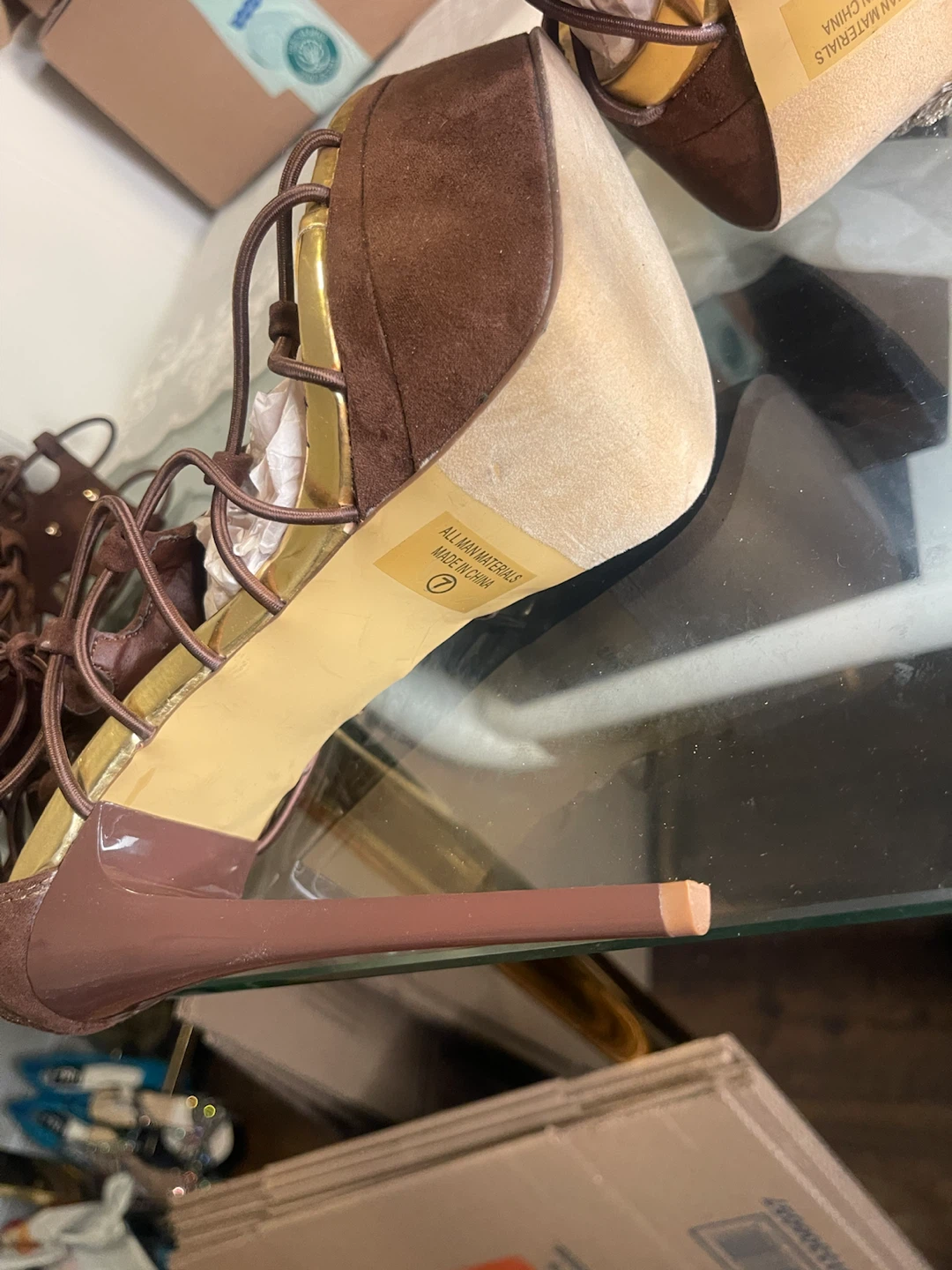 Brown Lace-Up Platform Heels Size 7 - photo 4