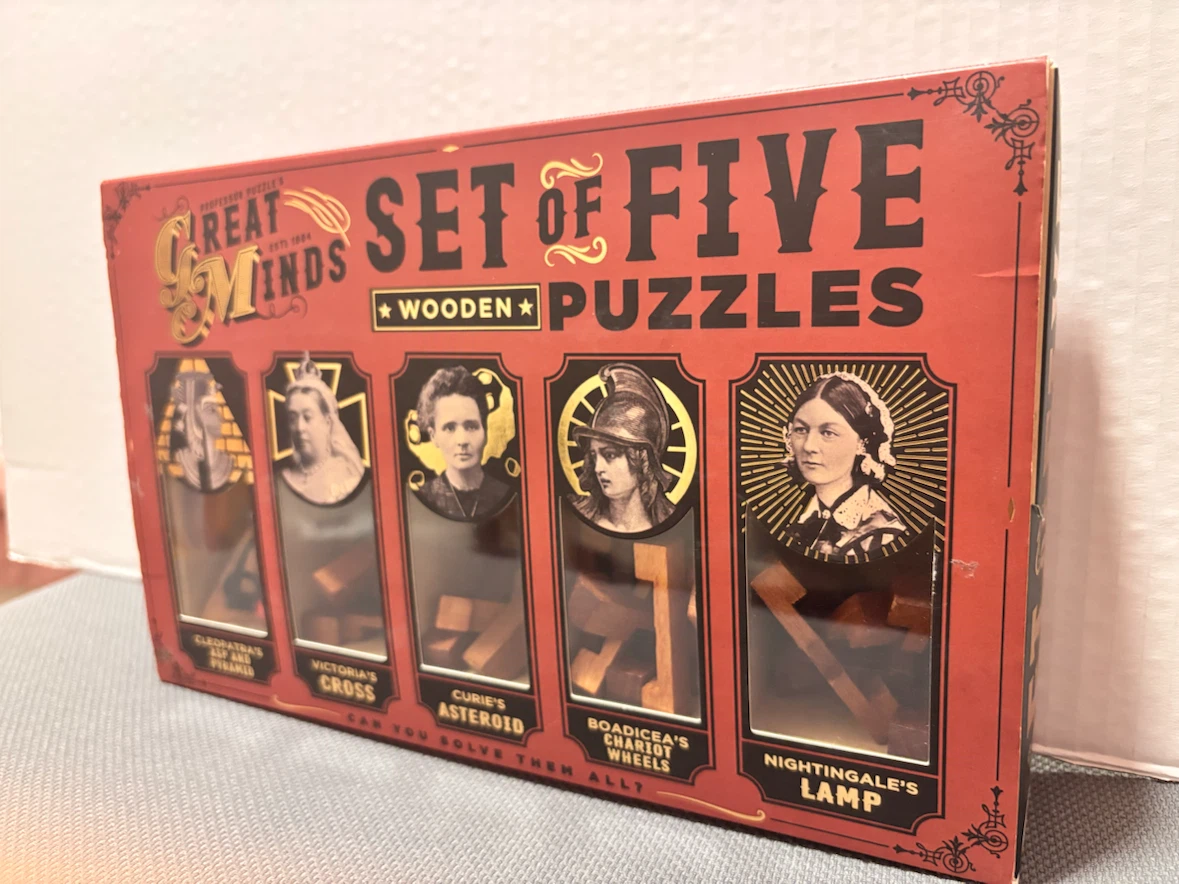 In box: 5 wooden 3D puzzles - Great Minds Set