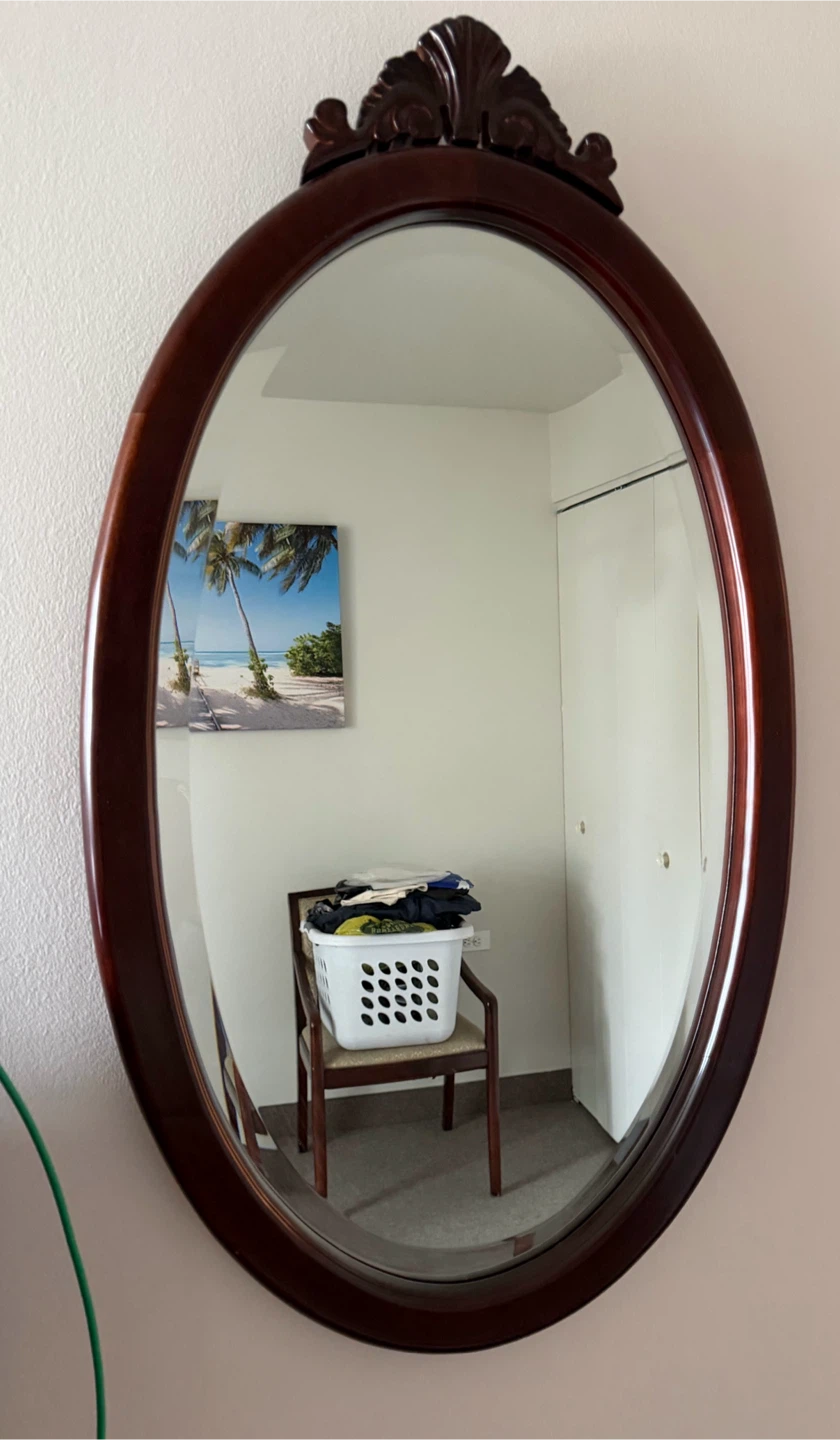 Oval Decorative Wall Mirror with Dark Wood Frame