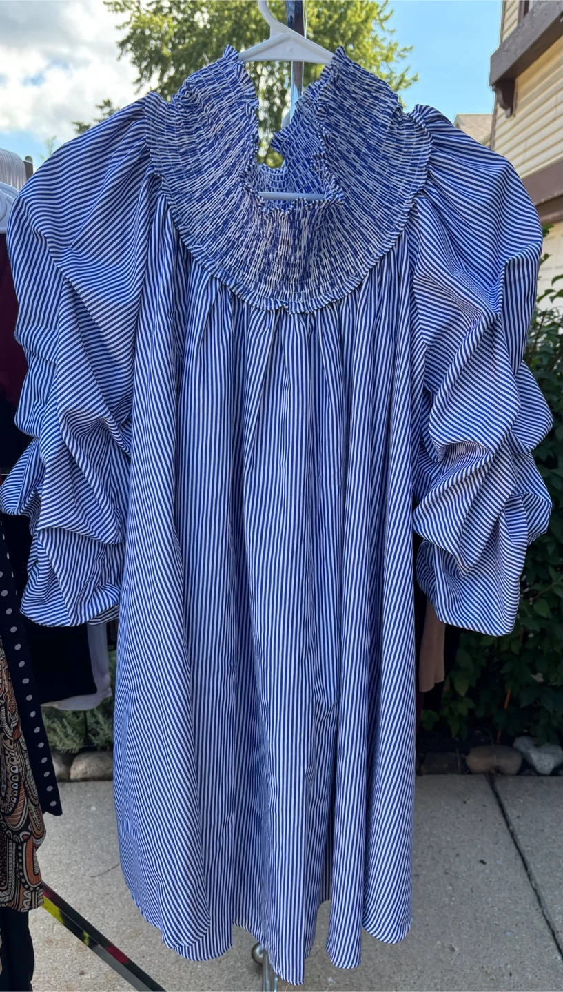 Blue & White Striped Smocked Dress - Size L - photo 2