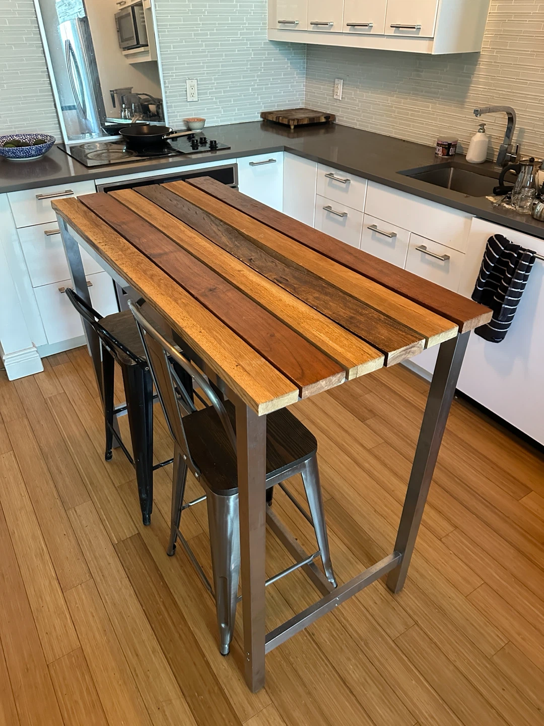 BAR HEIGHT KITCHEN ISLAND TABLE VINTAGE TEAK OAK SS STEEL