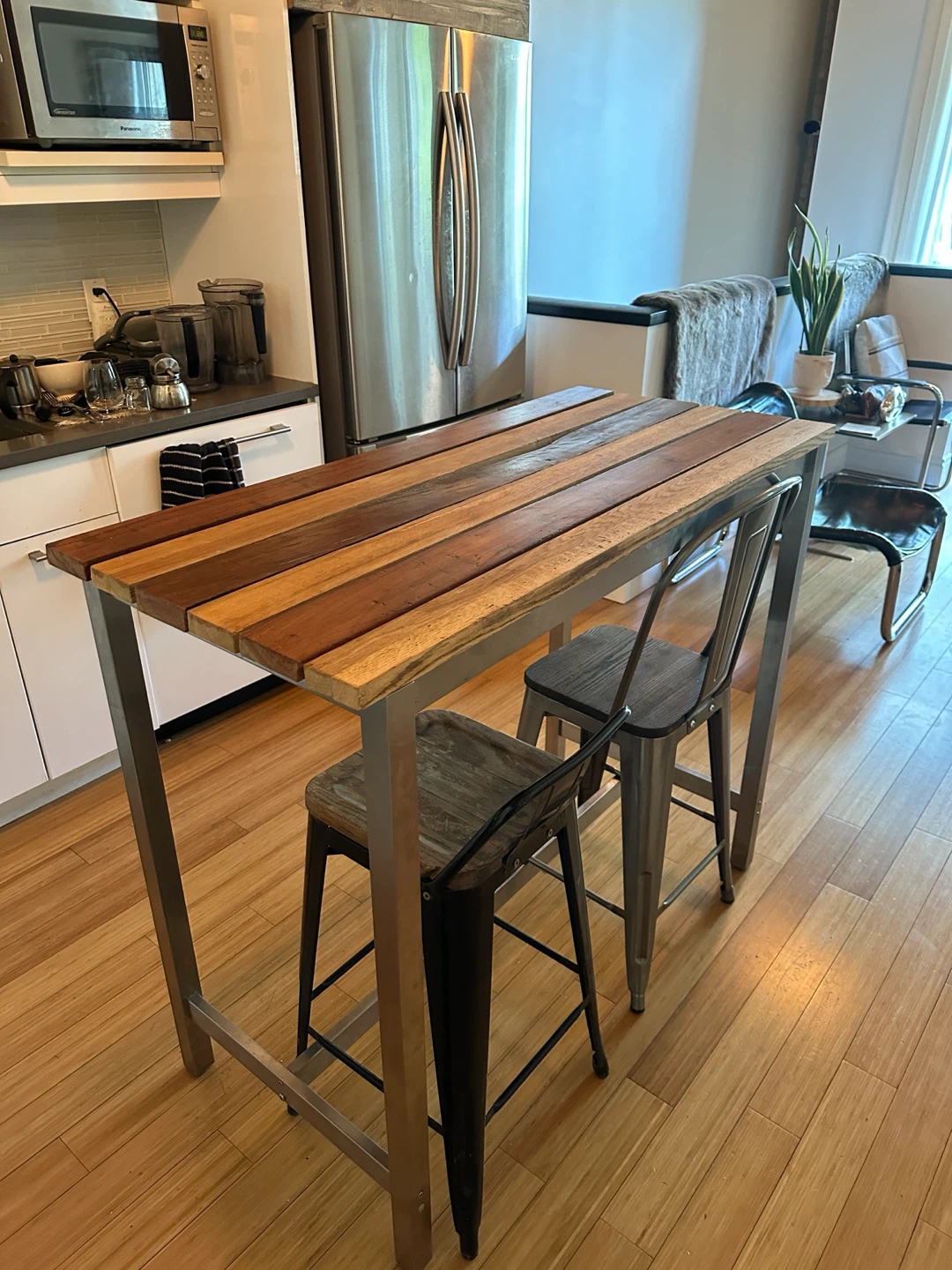 BAR HEIGHT KITCHEN ISLAND TABLE VINTAGE TEAK OAK SS STEEL - photo 2