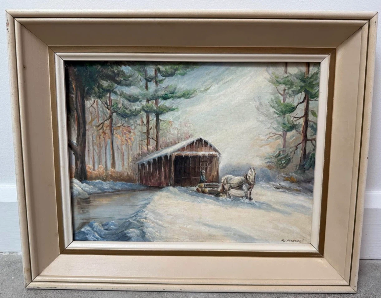 Framed Vintage Winter Landscape Painting – Rustic Cabin Scene