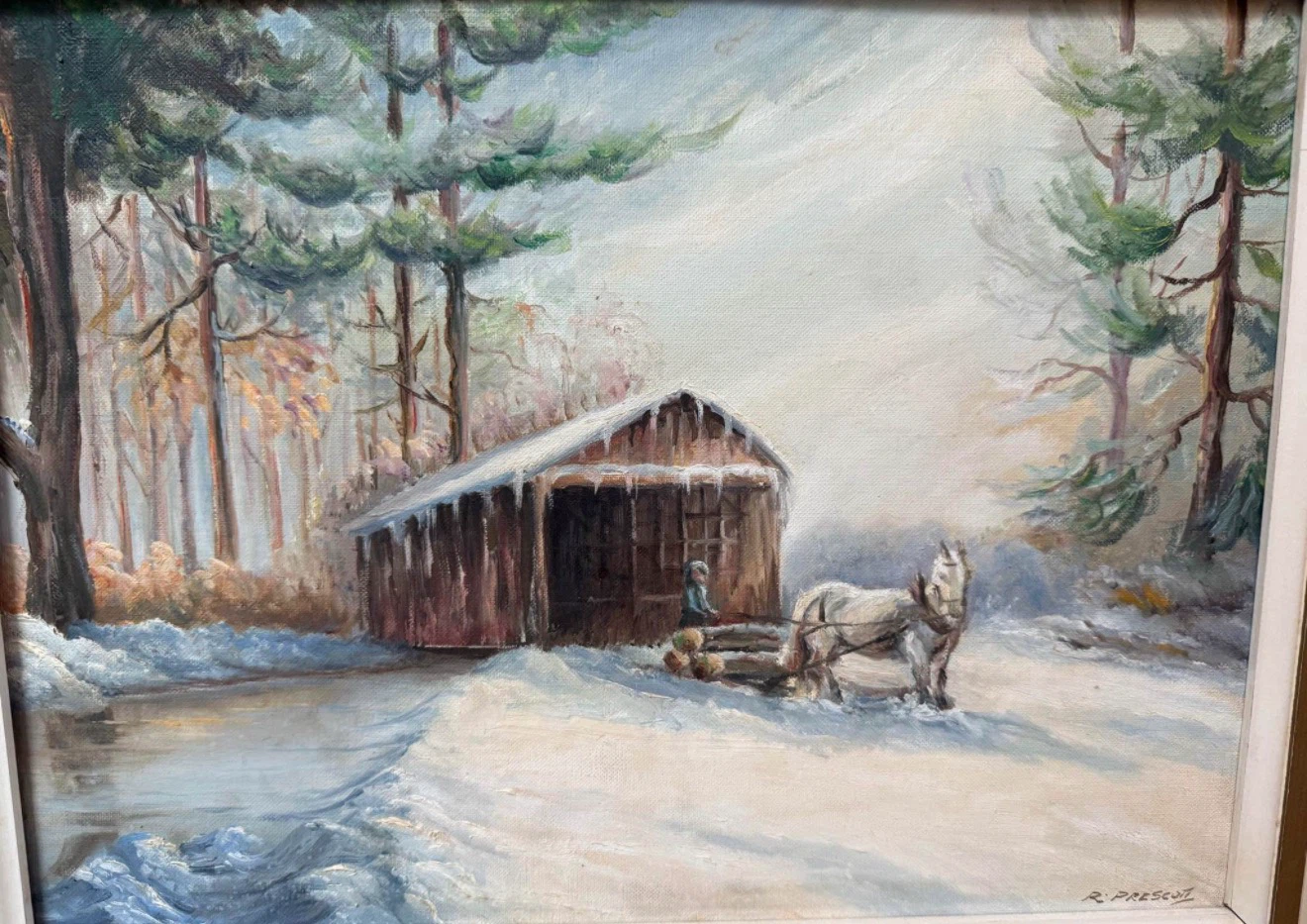 Framed Vintage Winter Landscape Painting – Rustic Cabin Scene - photo 2
