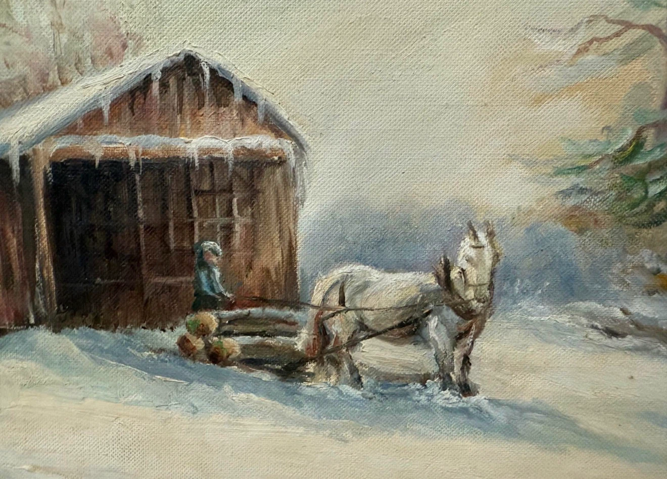 Framed Vintage Winter Landscape Painting – Rustic Cabin Scene - photo 3