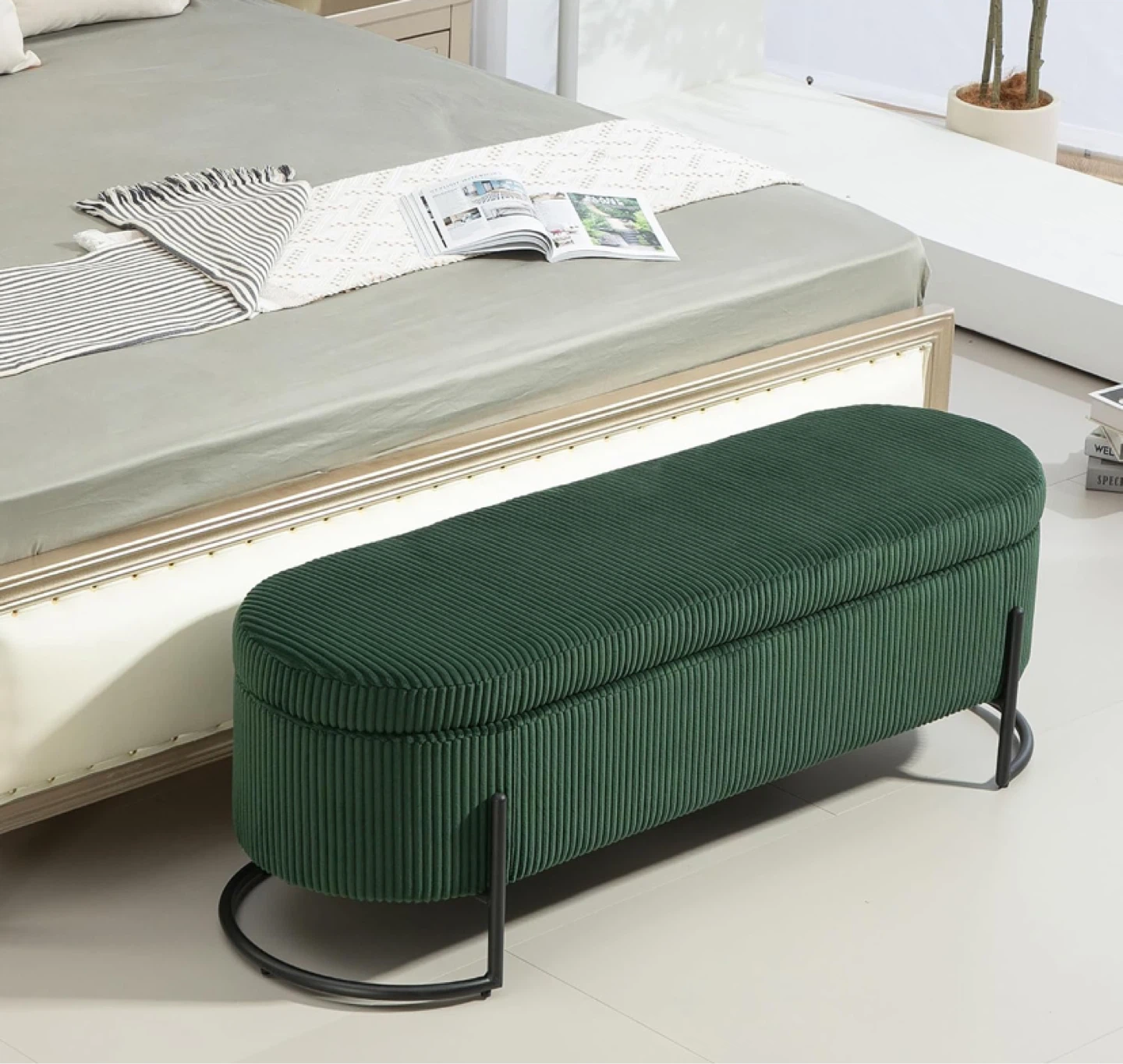 Green Corduroy Storage Ottoman Bench