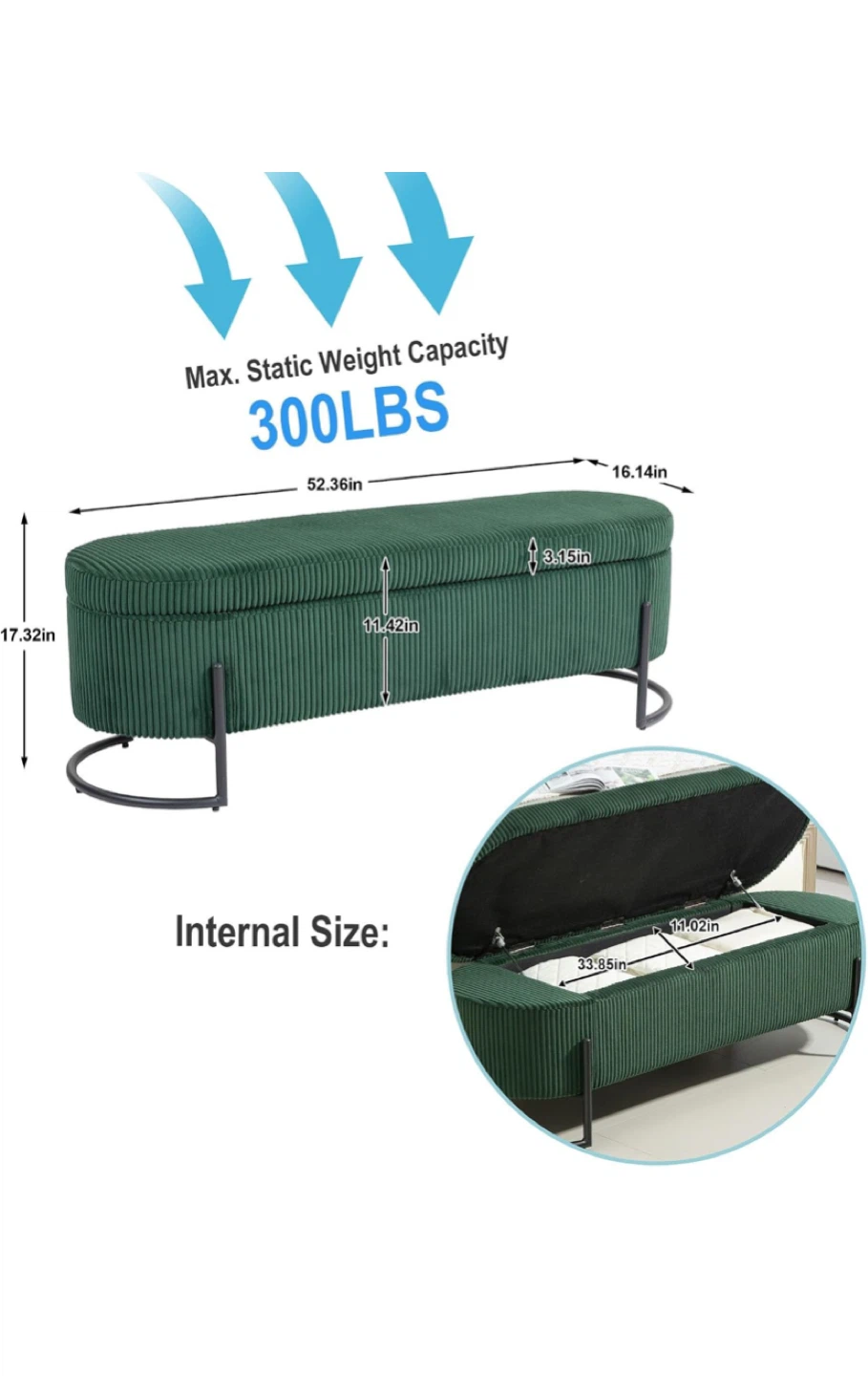 Green Corduroy Storage Ottoman Bench - photo 3