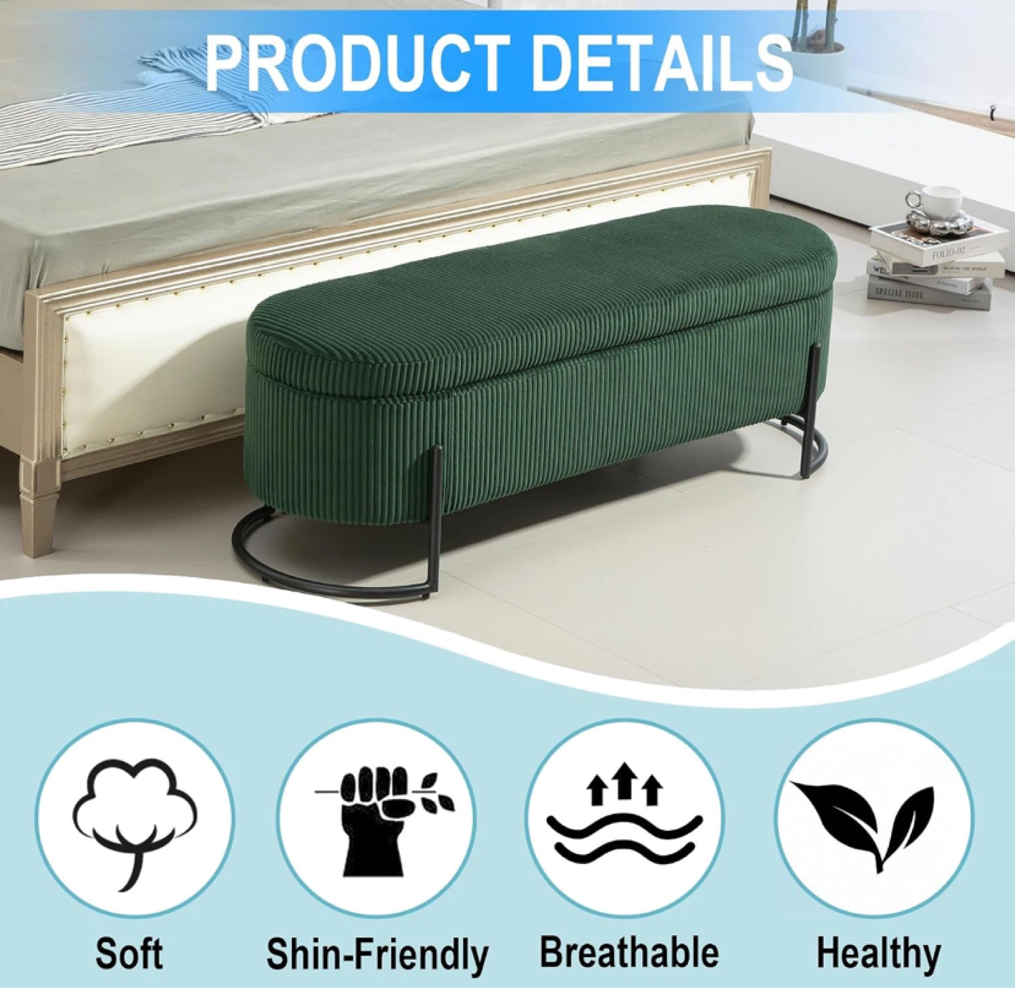 Green Corduroy Storage Ottoman Bench - photo 4