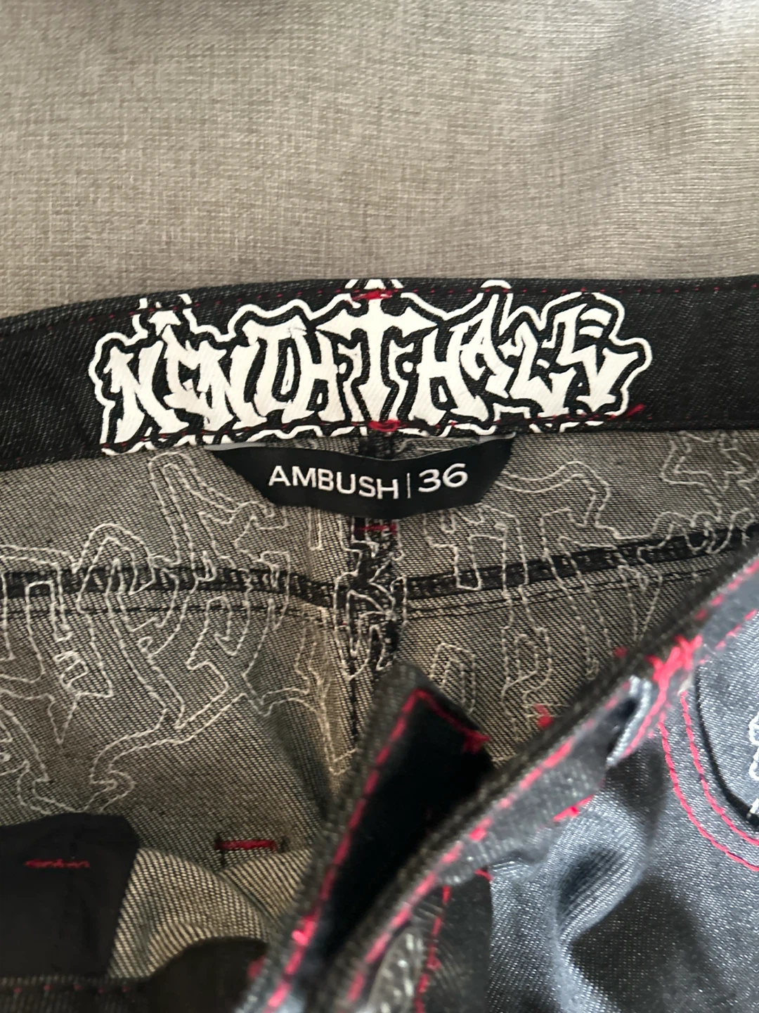 AMBUSH Jeans Size 36 Black with Red Cross Embroidery