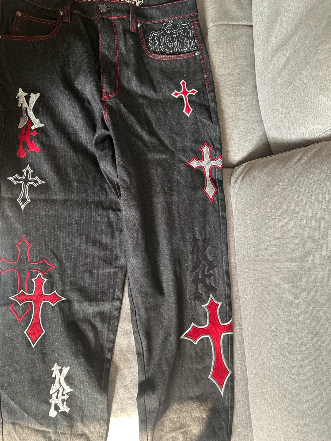 AMBUSH Jeans Size 36 Black with Red Cross Embroidery - photo 2